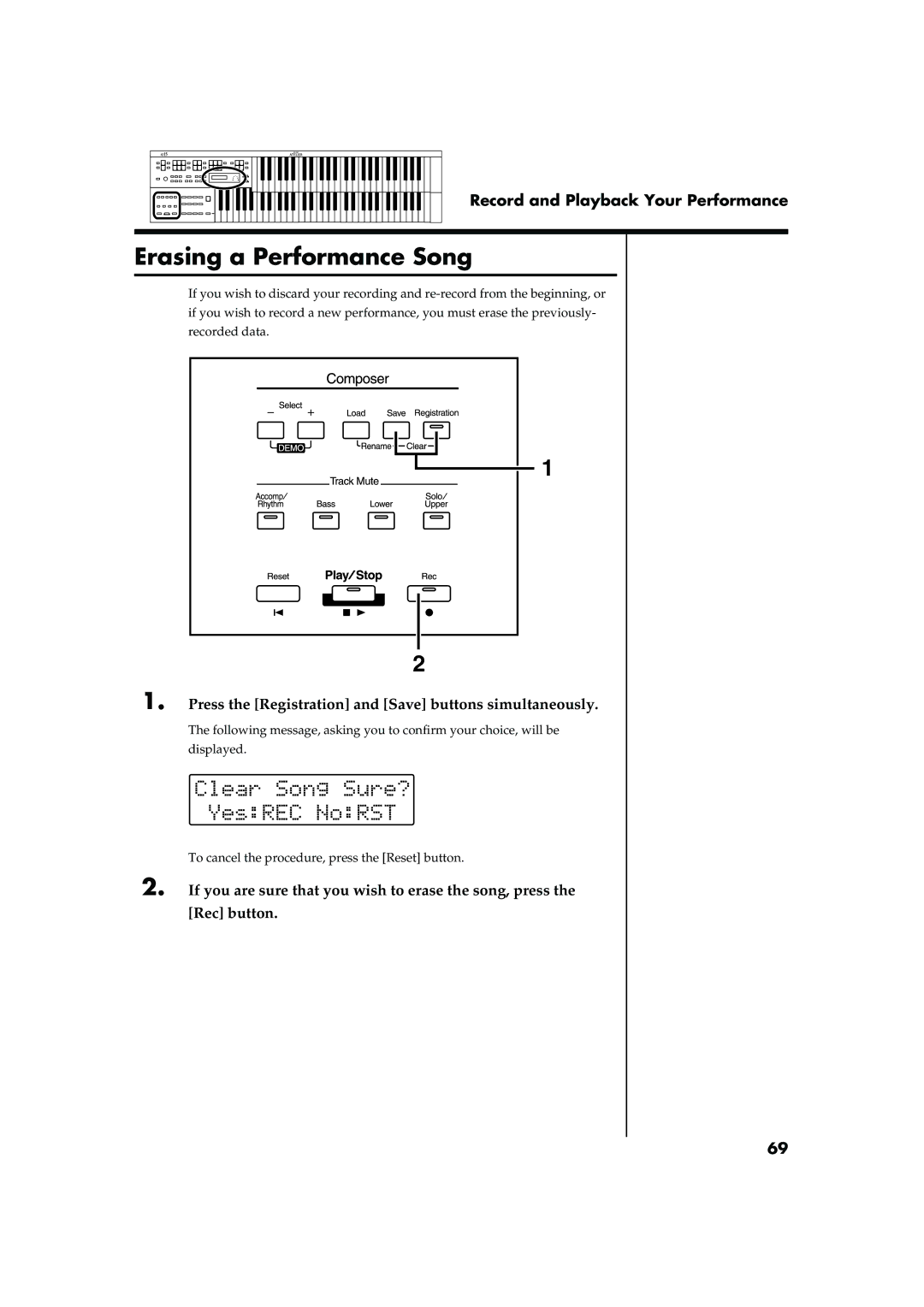 Roland AT15 owner manual Erasing a Performance Song, Press the Registration and Save buttons simultaneously 