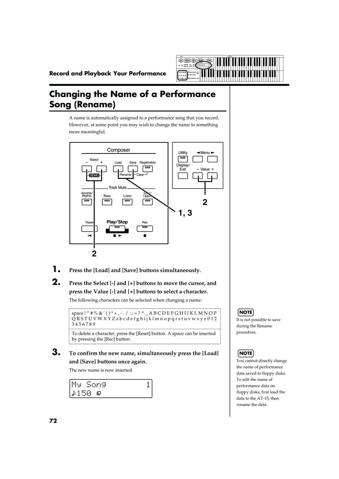 Roland AT15 owner manual Changing the Name of a Performance Song Rename, New name is now inserted 