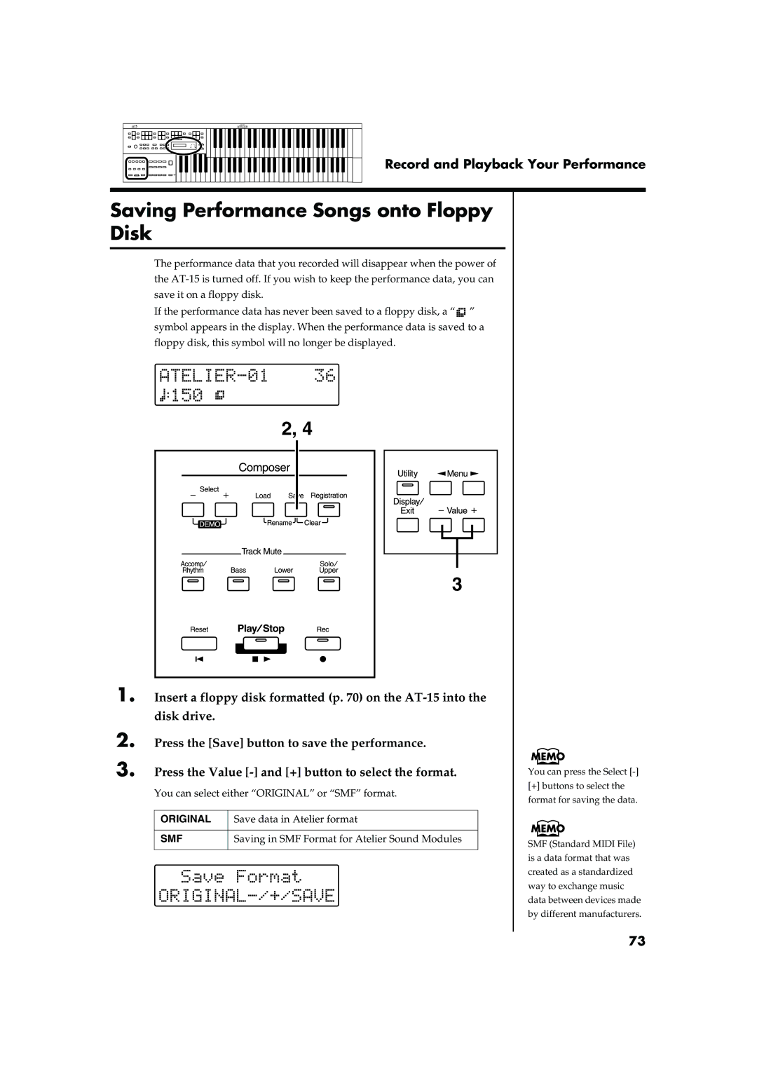 Roland AT15 owner manual Saving Performance Songs onto Floppy Disk, You can select either Original or SMF format 