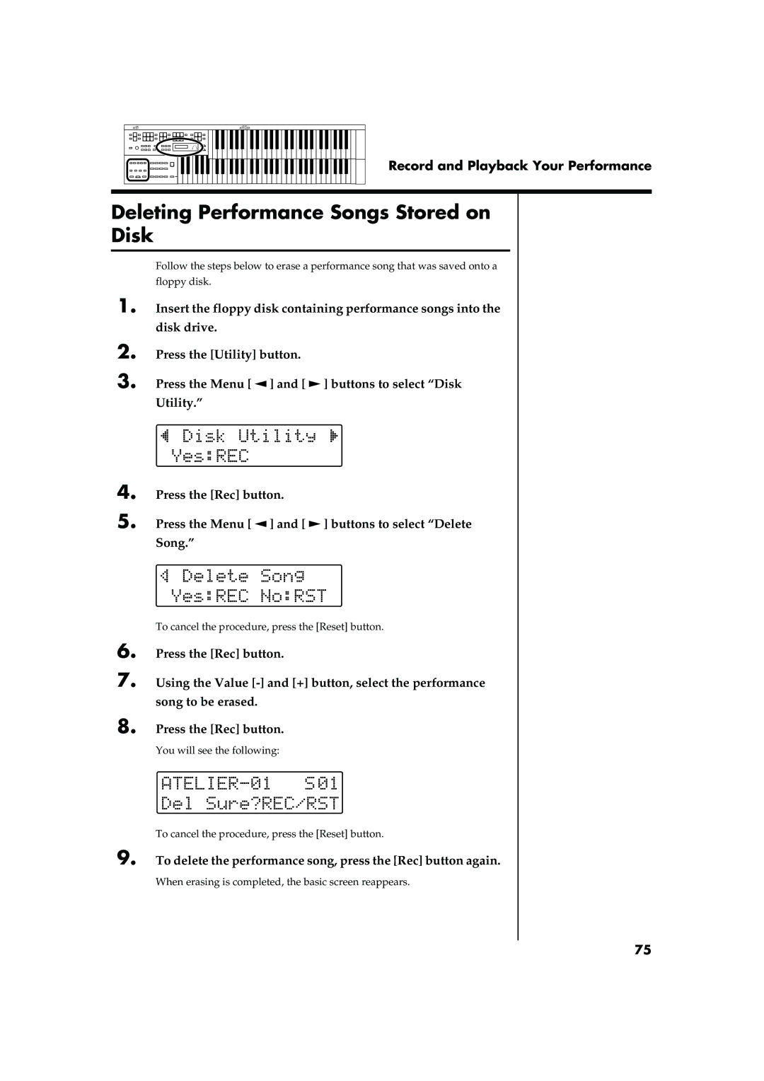 Roland AT15 Deleting Performance Songs Stored on Disk, To delete the performance song, press the Rec button again 