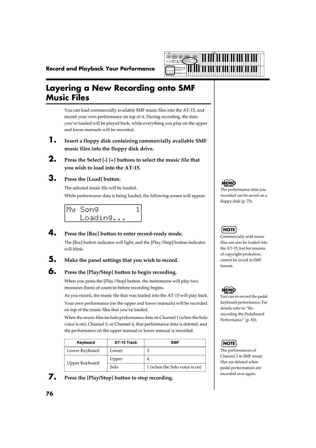 Roland AT15 owner manual Layering a New Recording onto SMF Music Files, Press the Rec button to enter record-ready mode 