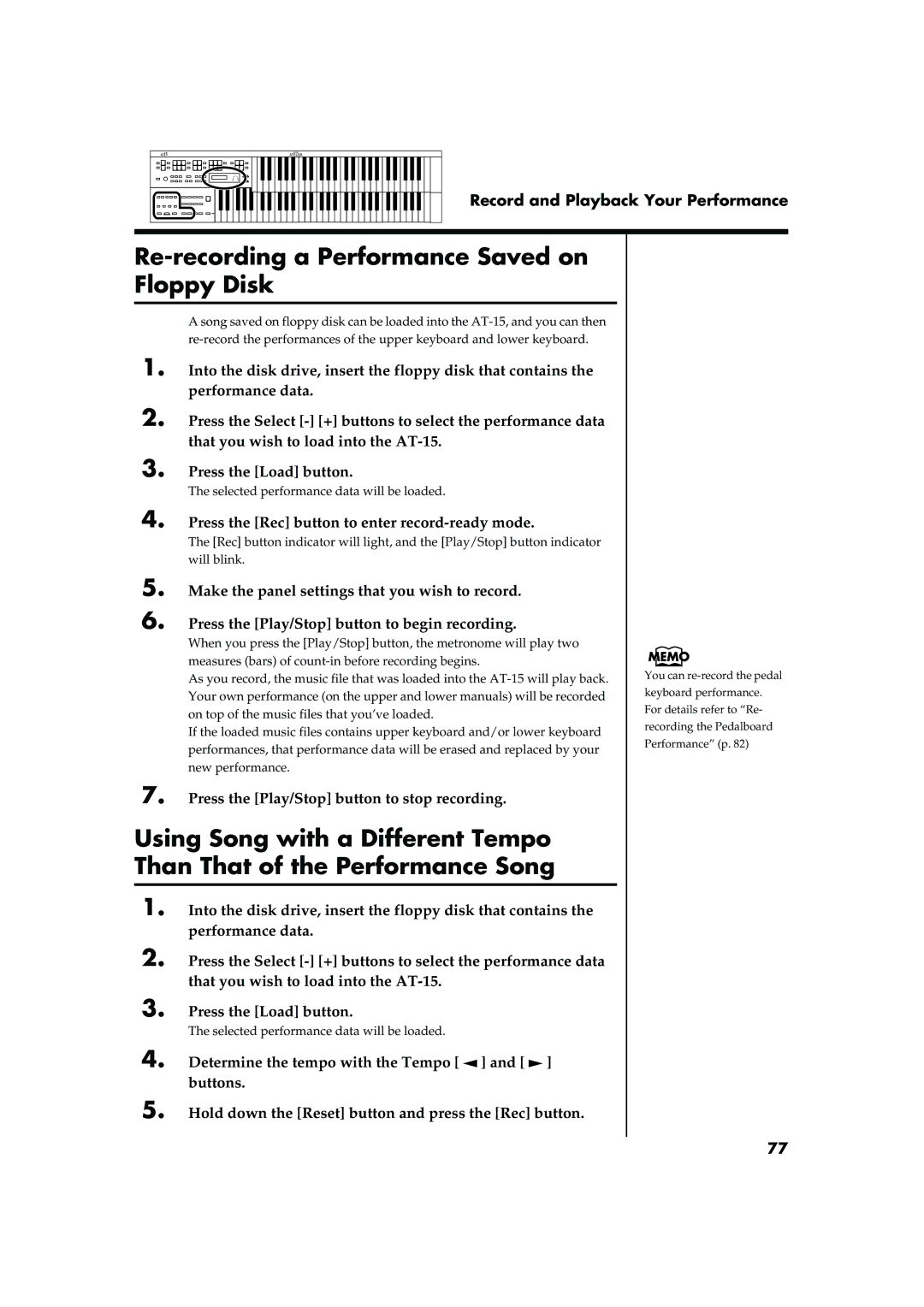 Roland AT15 owner manual Re-recording a Performance Saved on Floppy Disk, Selected performance data will be loaded 