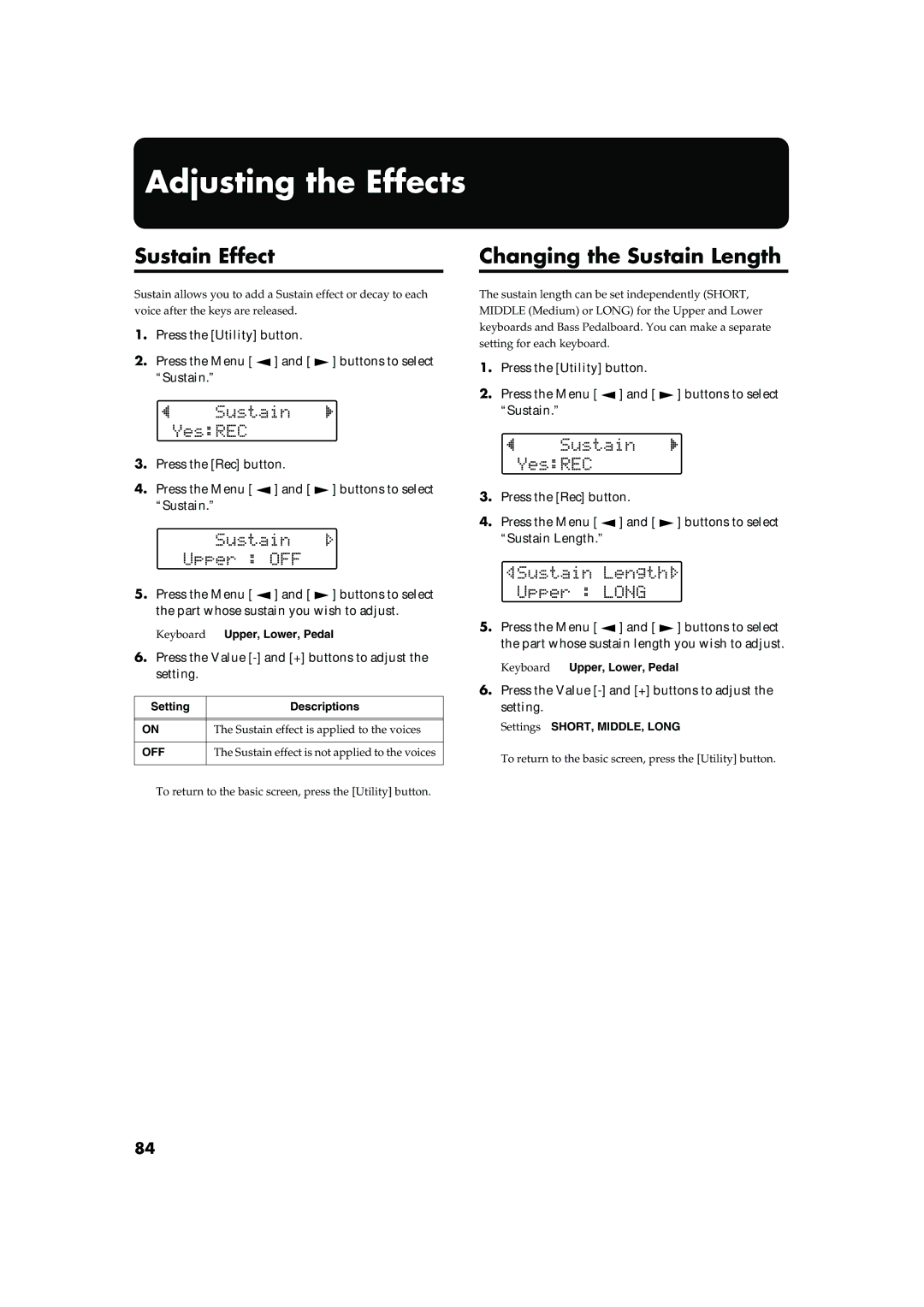 Roland AT15 owner manual Adjusting the Effects, Sustain Effect, Changing the Sustain Length 