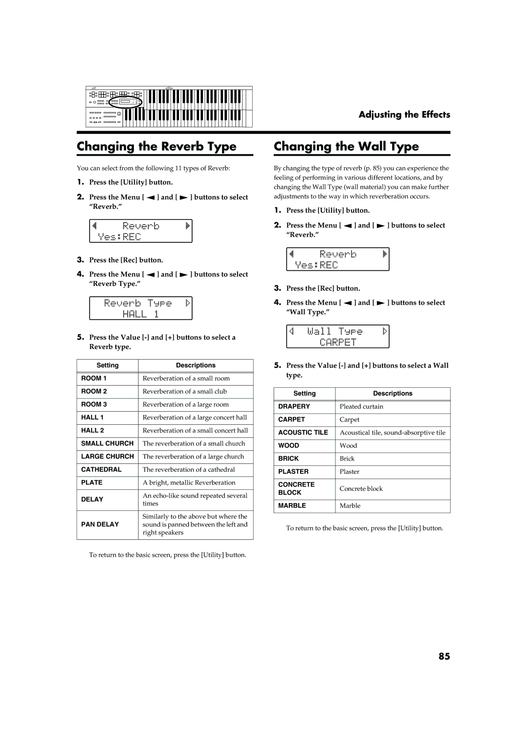 Roland AT15 owner manual Changing the Reverb Type, Changing the Wall Type 