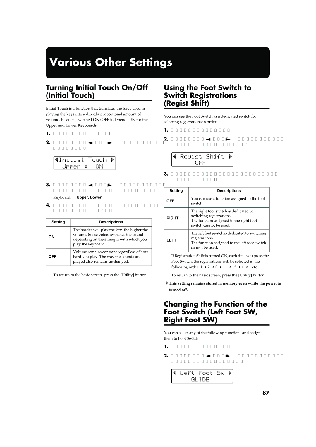 Roland AT15 owner manual Various Other Settings, Turning Initial Touch On/Off Initial Touch 