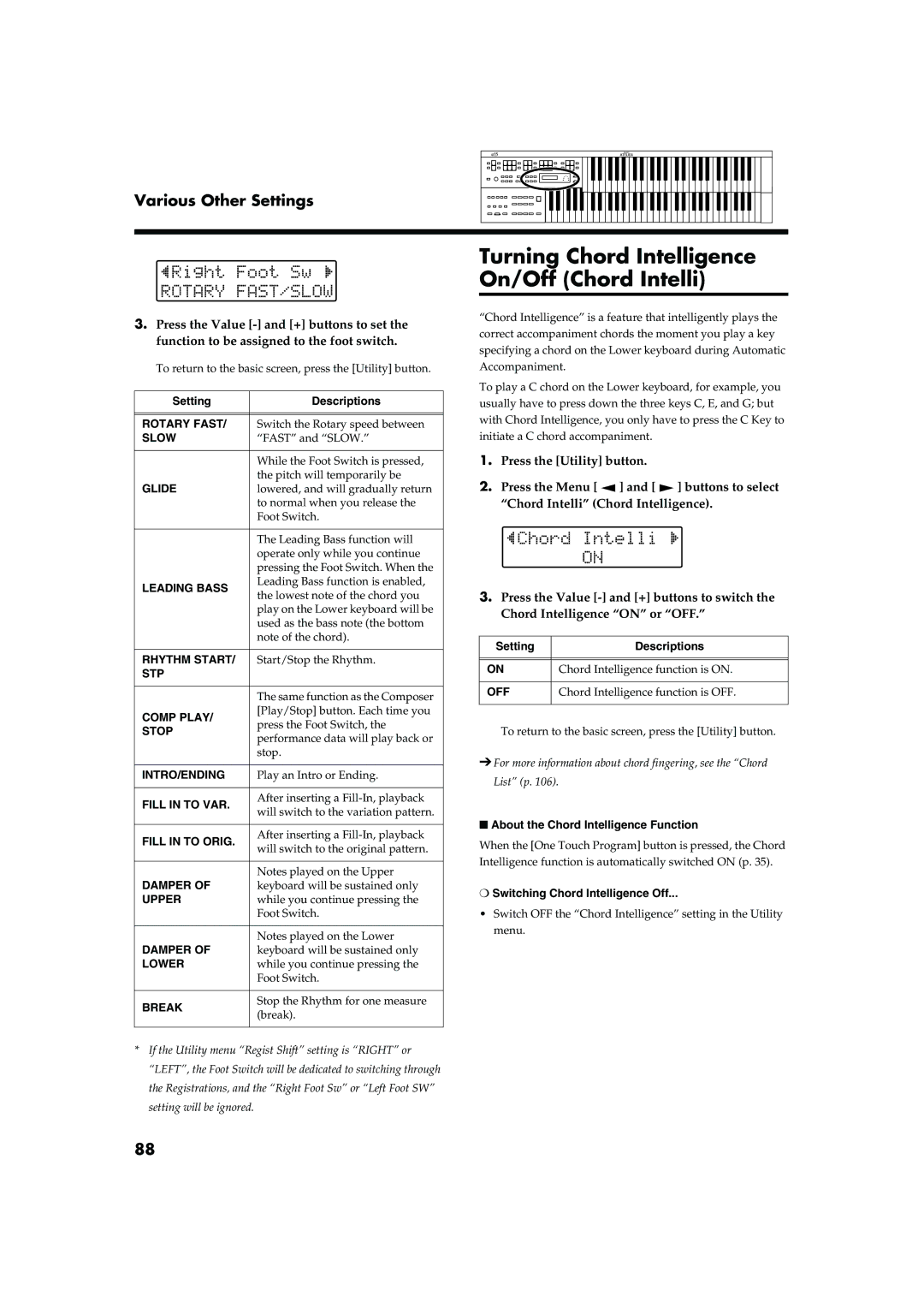 Roland AT15 owner manual Turning Chord Intelligence On/Off Chord Intelli, Glide 