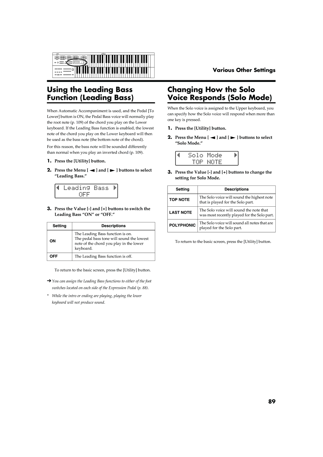 Roland AT15 owner manual Using the Leading Bass Function Leading Bass, Changing How the Solo Voice Responds Solo Mode 