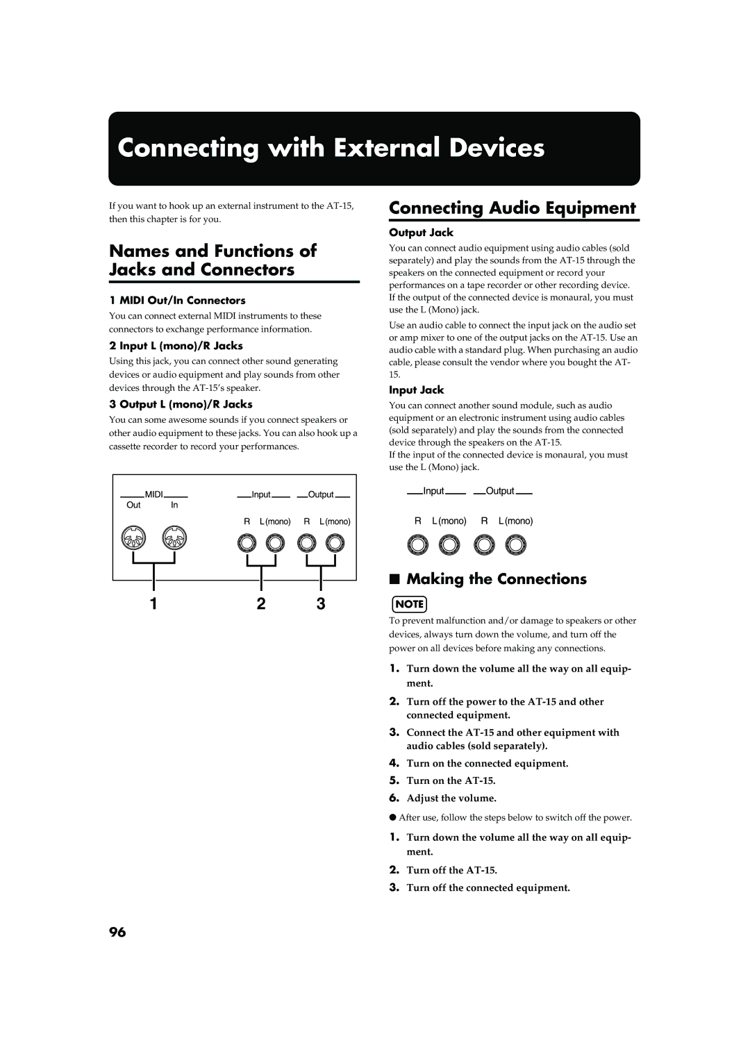 Roland AT15 owner manual Connecting with External Devices, Making the Connections 