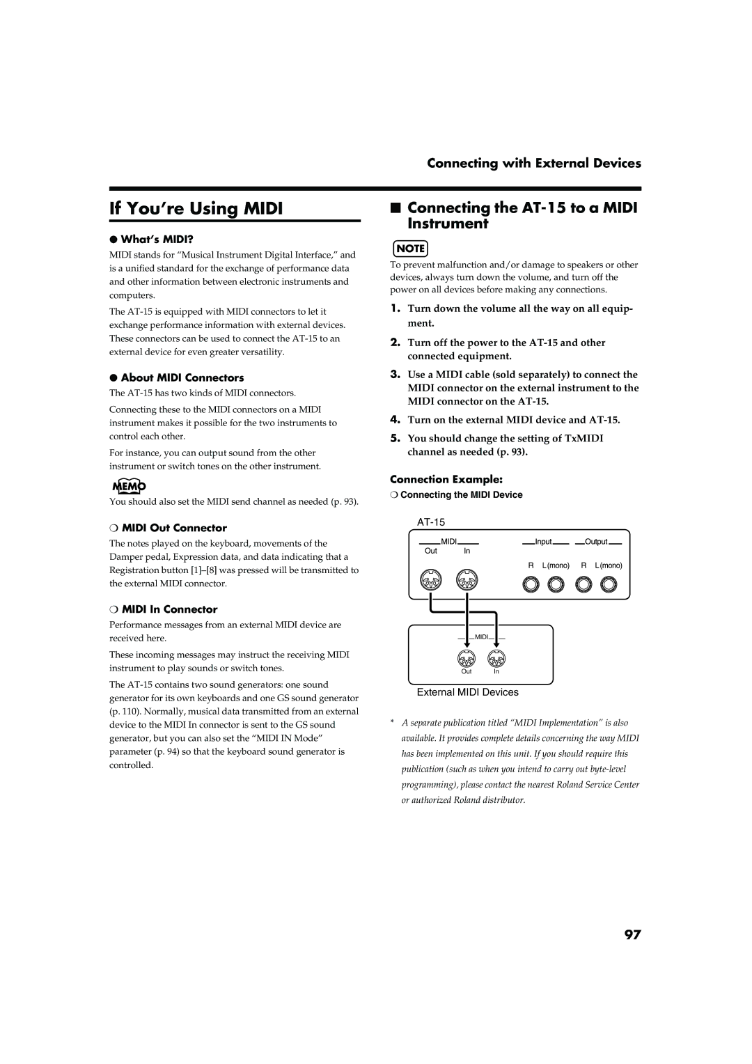 Roland AT15 owner manual If You’re Using Midi, Connecting the AT-15 to a Midi Instrument 