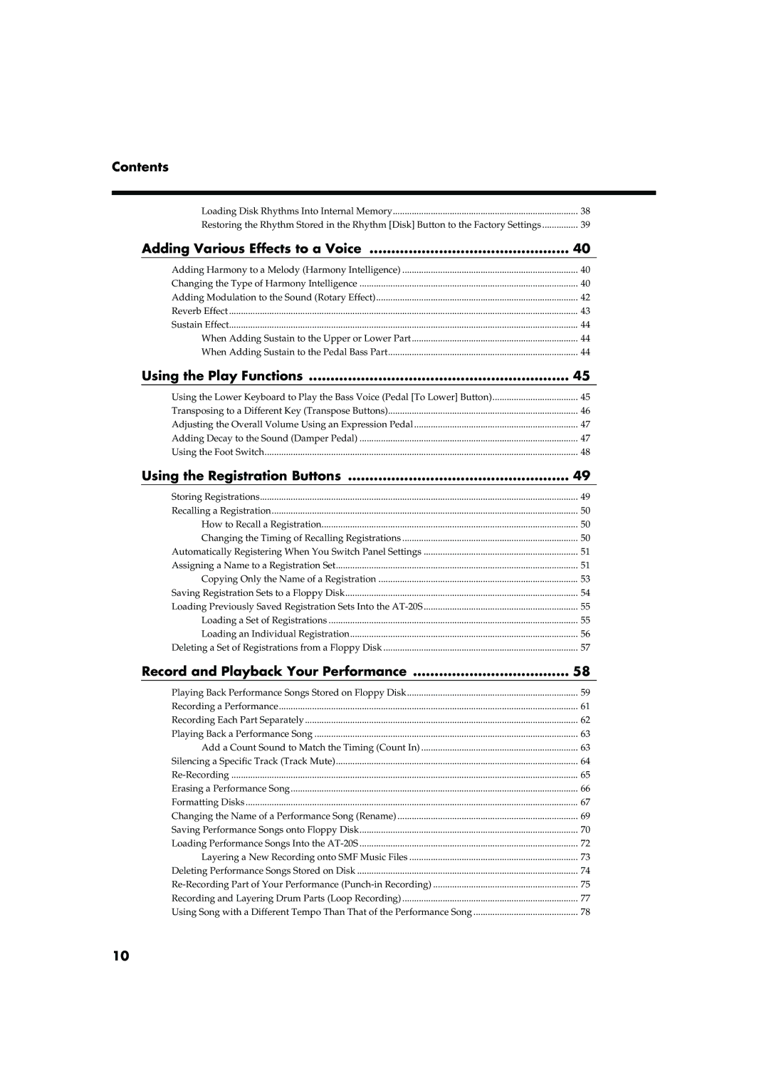 Roland AT20s Contents, Adding Various Effects to a Voice, Using the Play Functions, Using the Registration Buttons 