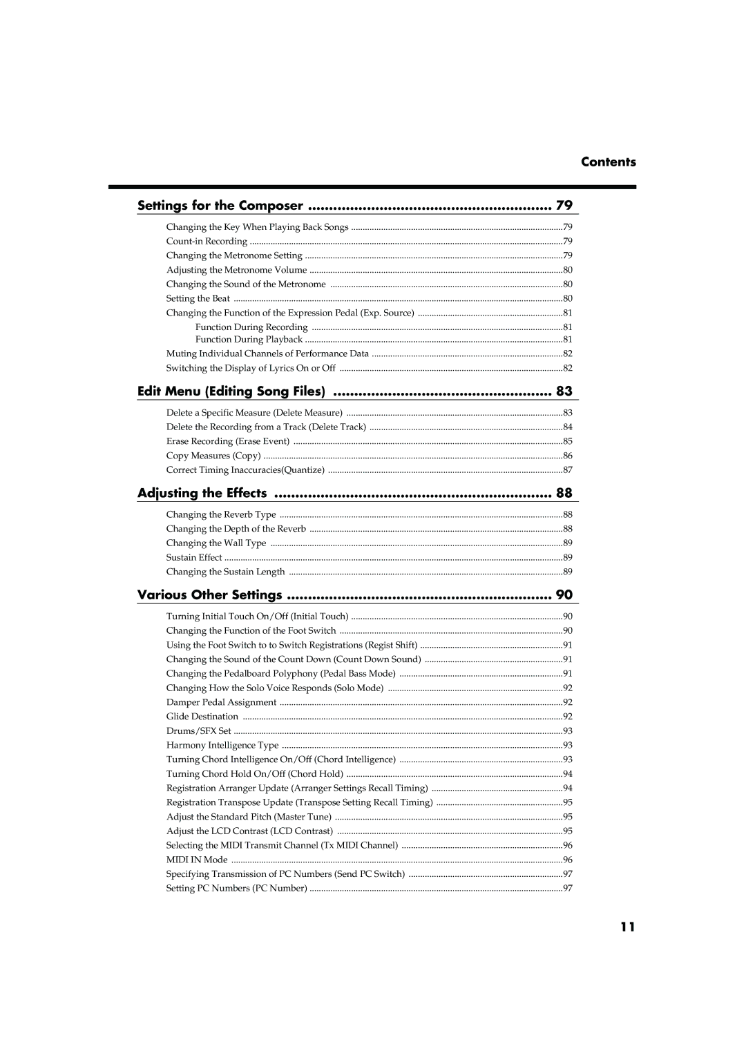 Roland AT20s owner manual Contents Settings for the Composer, Edit Menu Editing Song Files, Adjusting the Effects 