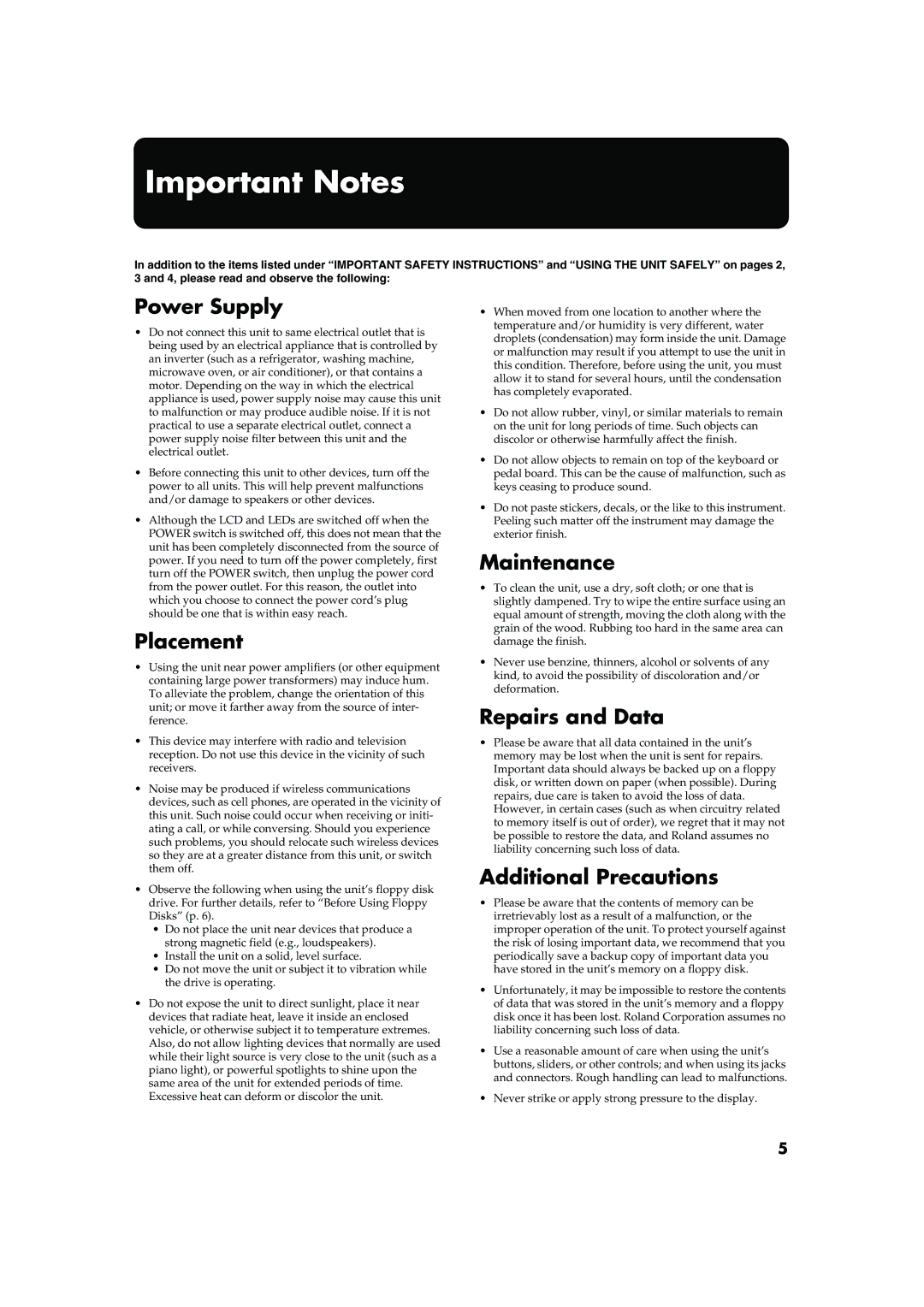 Roland AT20s owner manual Important Notes 