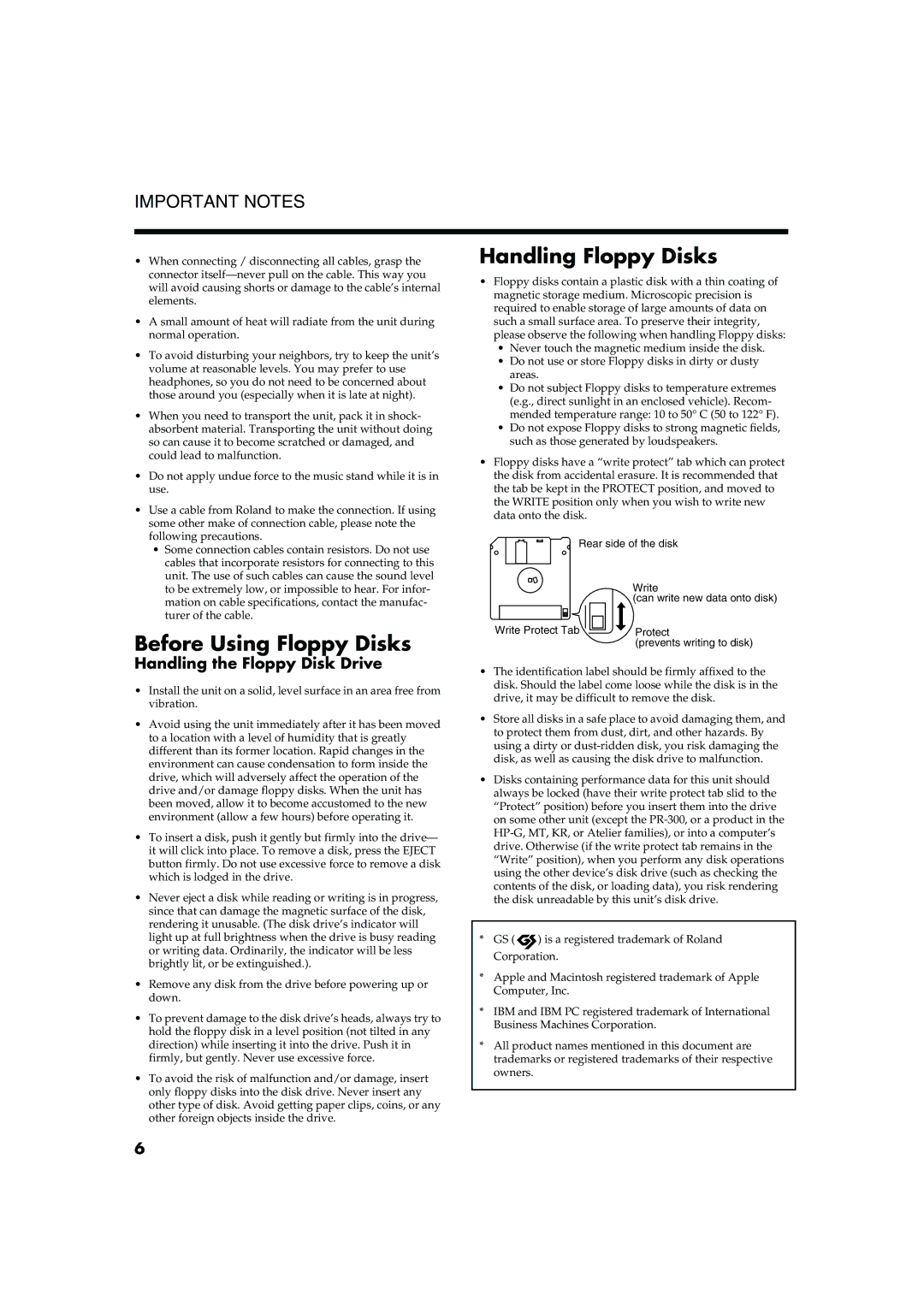 Roland AT20s owner manual Before Using Floppy Disks, Handling Floppy Disks, Handling the Floppy Disk Drive 