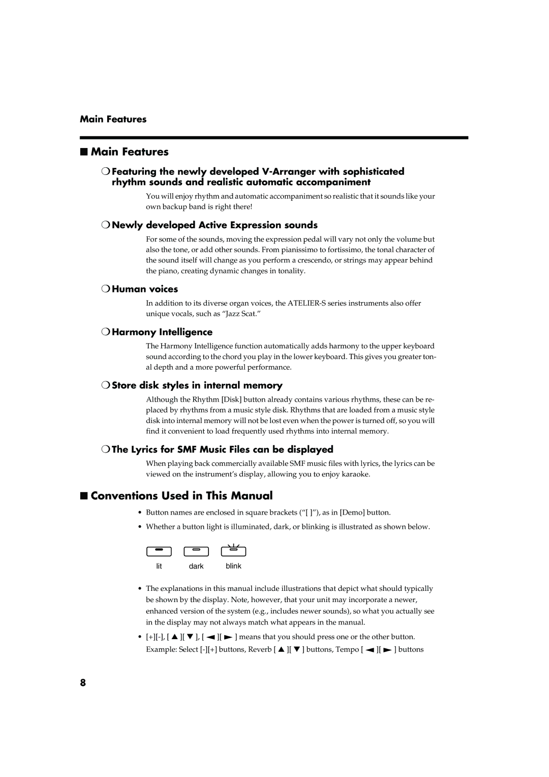 Roland AT20s owner manual Main Features, Conventions Used in This Manual 