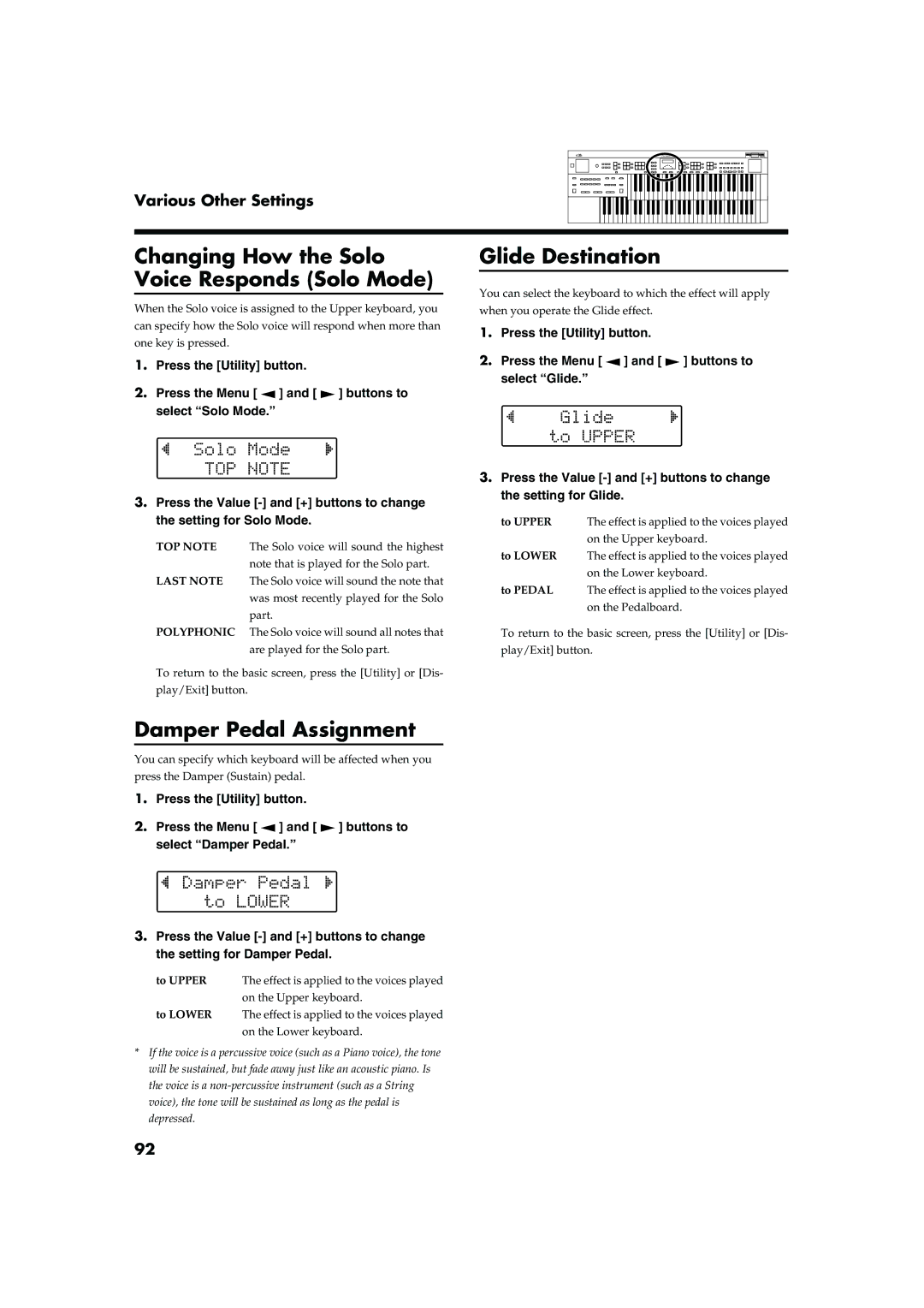 Roland AT20s owner manual Changing How the Solo Voice Responds Solo Mode, Damper Pedal Assignment, Glide Destination 