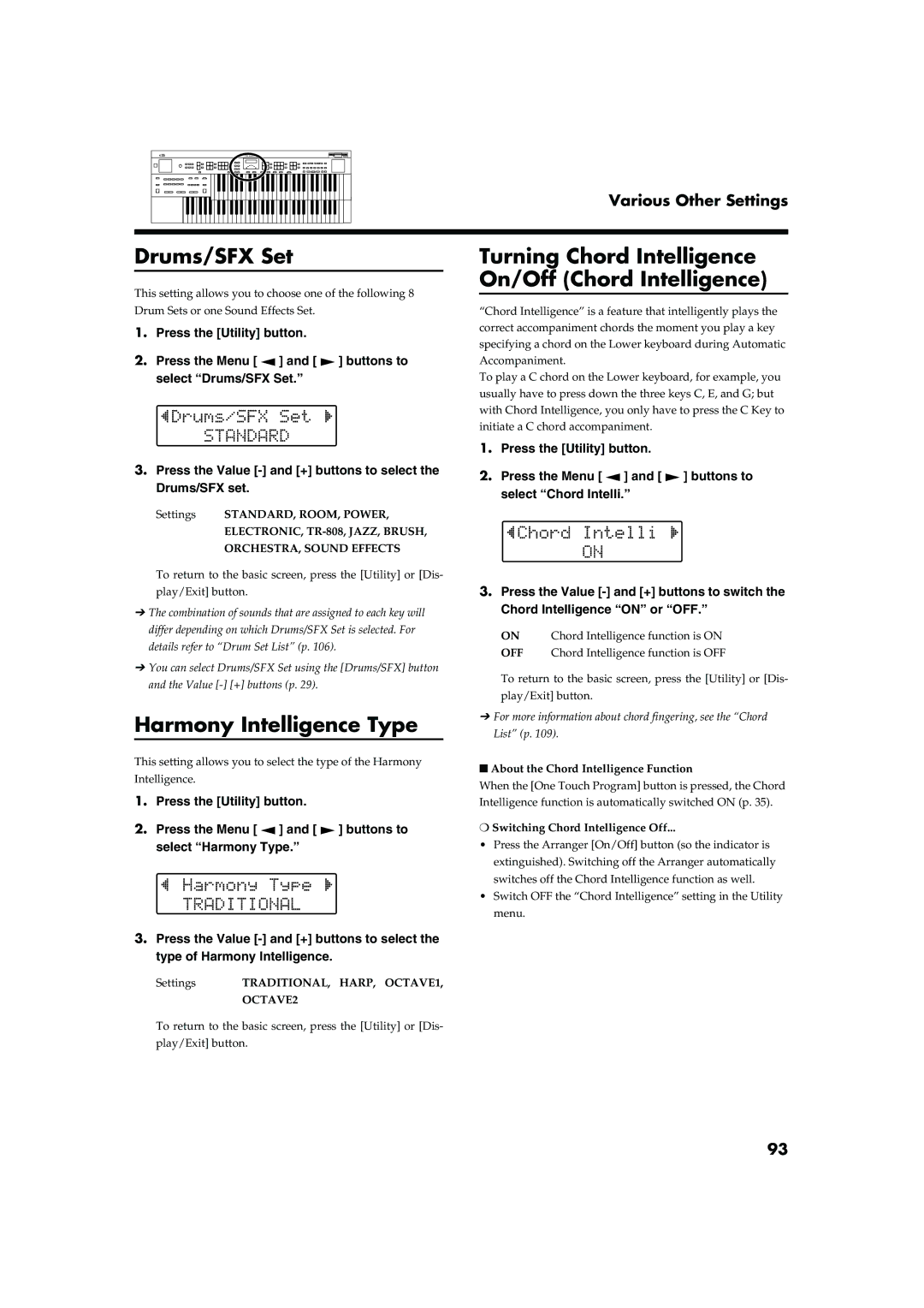 Roland AT20s owner manual Drums/SFX Set, Harmony Intelligence Type, Turning Chord Intelligence On/Off Chord Intelligence 