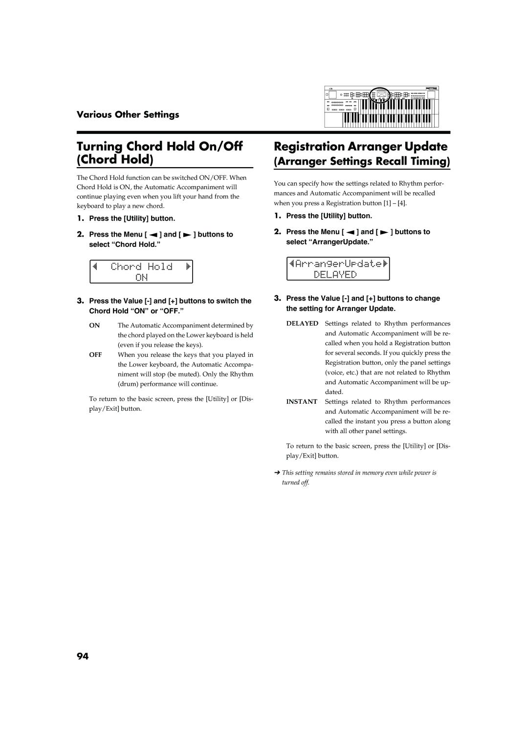 Roland AT20s Turning Chord Hold On/Off Chord Hold, Registration Arranger Update, Arranger Settings Recall Timing 