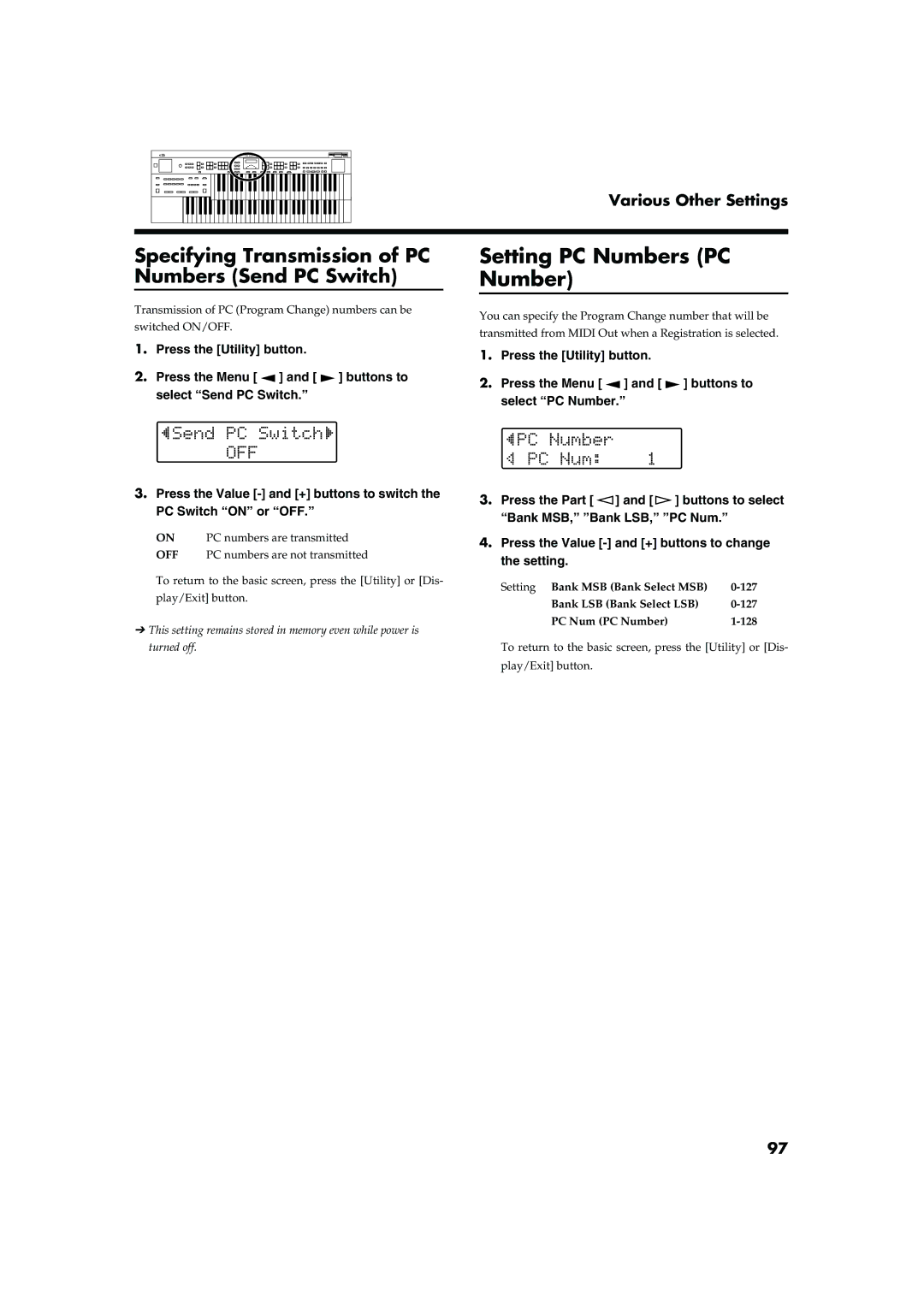 Roland AT20s owner manual Setting PC Numbers PC Number, Specifying Transmission of PC Numbers Send PC Switch 