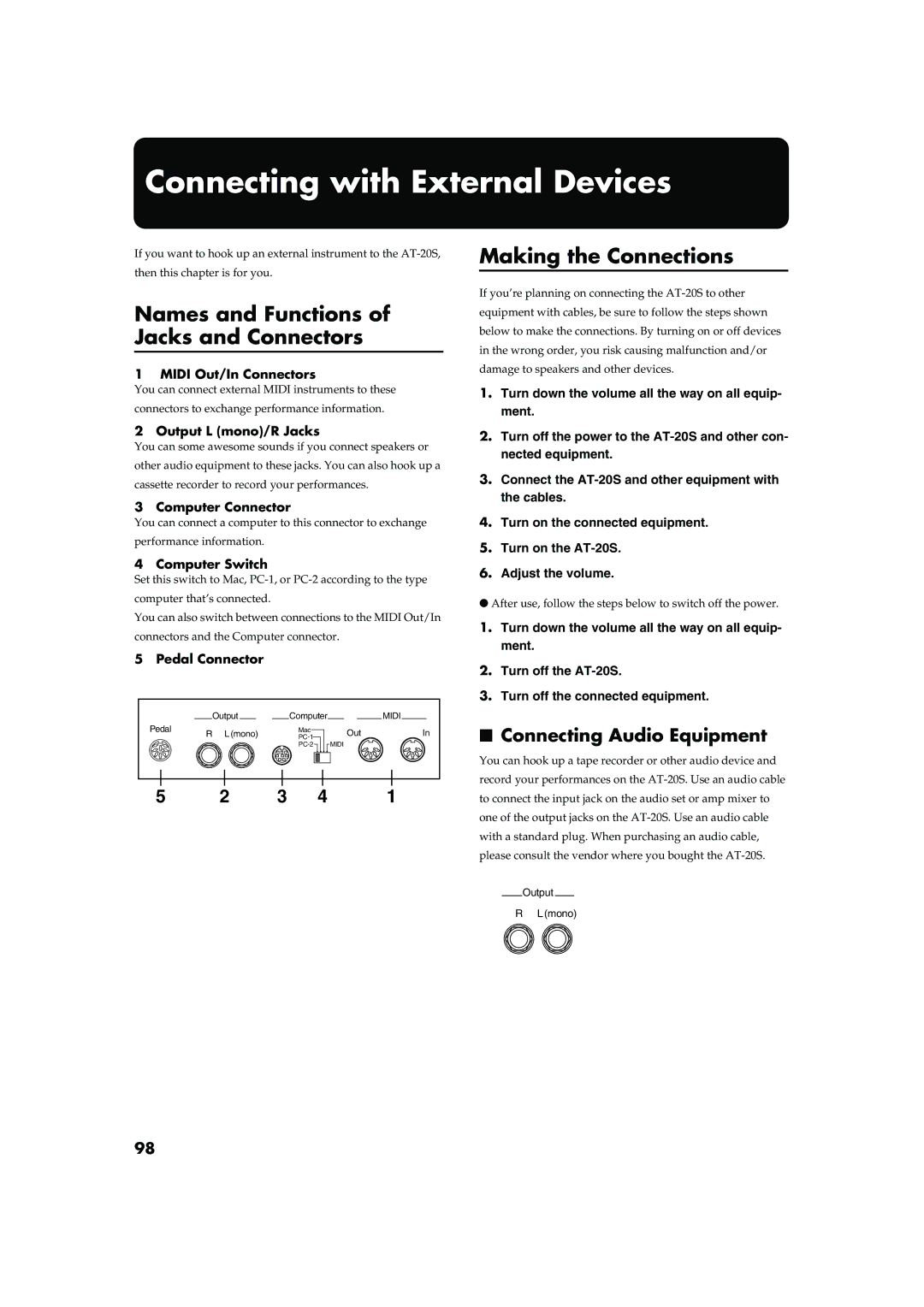 Roland AT20s Connecting with External Devices, Names and Functions of Jacks and Connectors, Making the Connections 