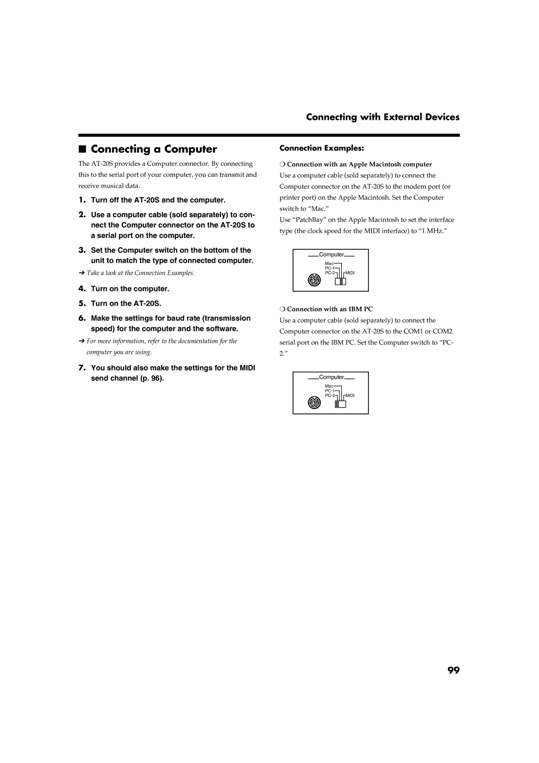 Roland AT20s owner manual Connecting a Computer, Connection with an Apple Macintosh computer 