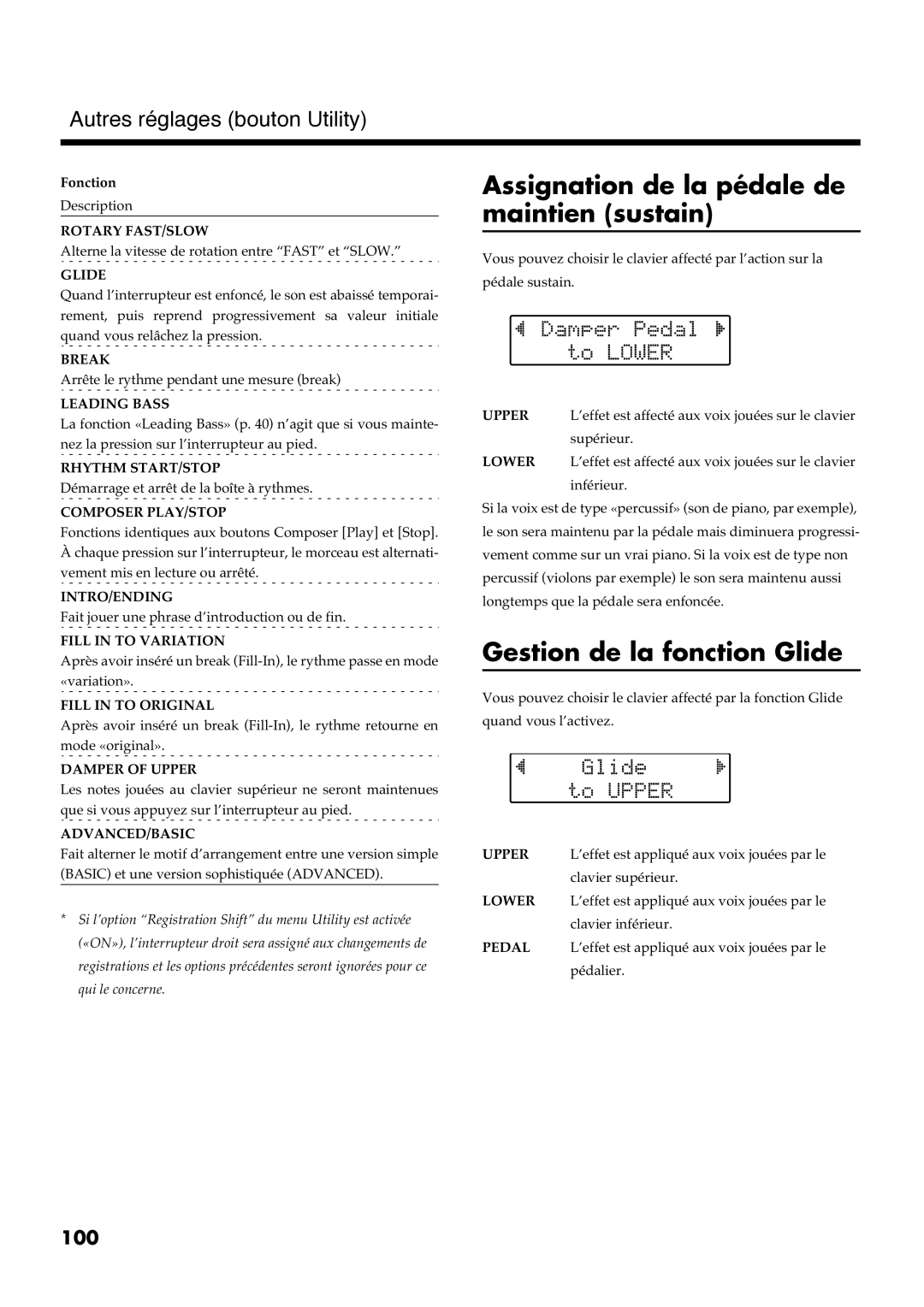 Roland AT30R manual Assignation de la pédale de maintien sustain, Gestion de la fonction Glide 