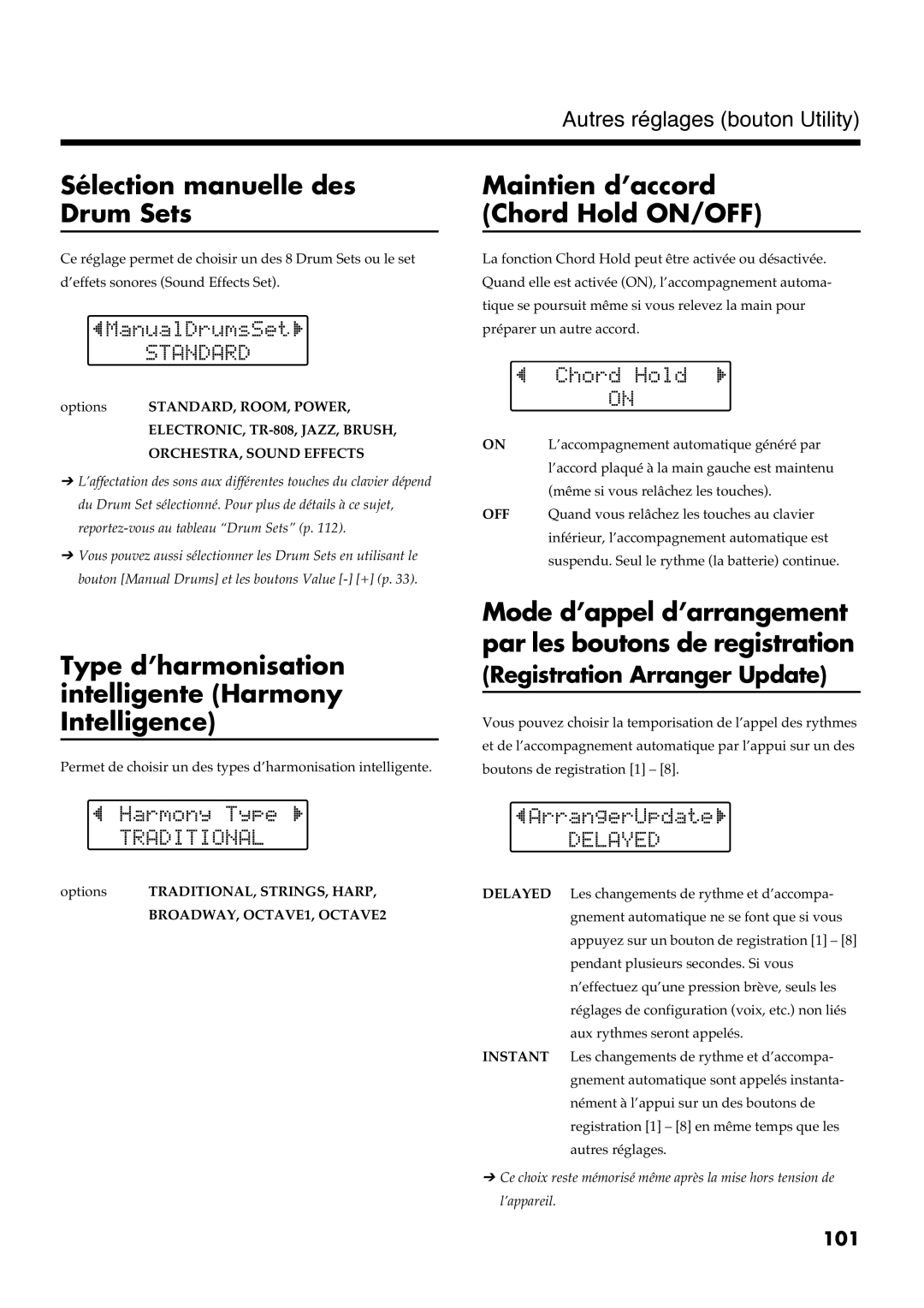 Roland AT30R manual Type d’harmonisation intelligente Harmony Intelligence, Registration Arranger Update 