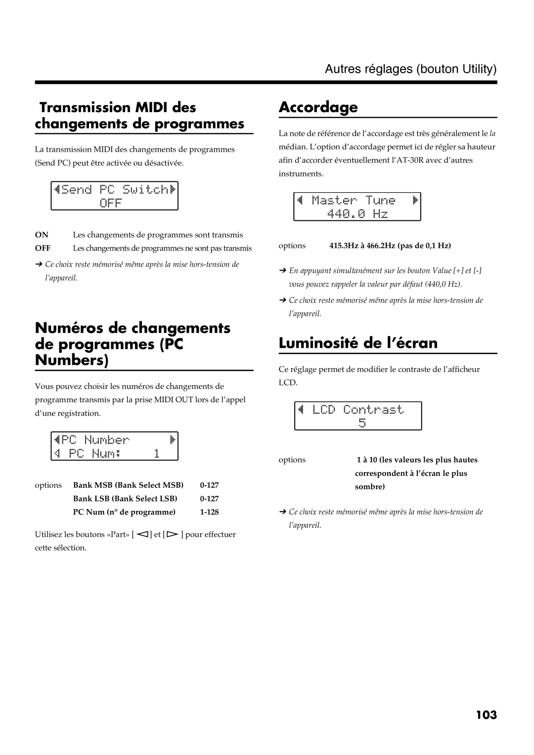 Roland AT30R manual Numéros de changements de programmes PC Numbers, Accordage, Luminosité de l’écran 