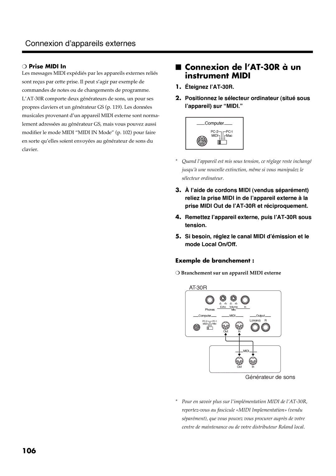 Roland AT30R manual Connexion de l’AT-30R à un instrument Midi 