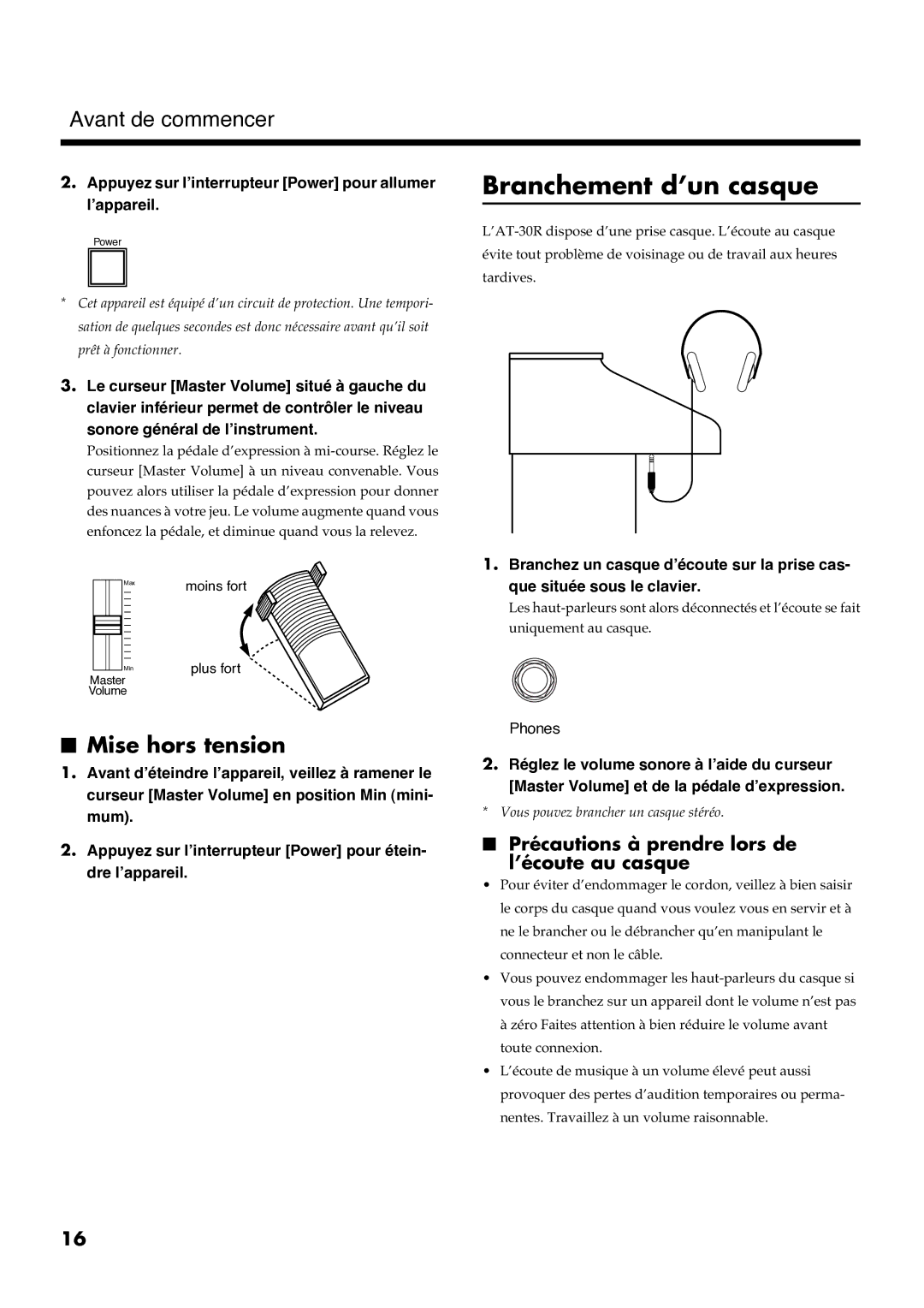 Roland AT30R manual Branchement d’un casque, Mise hors tension 