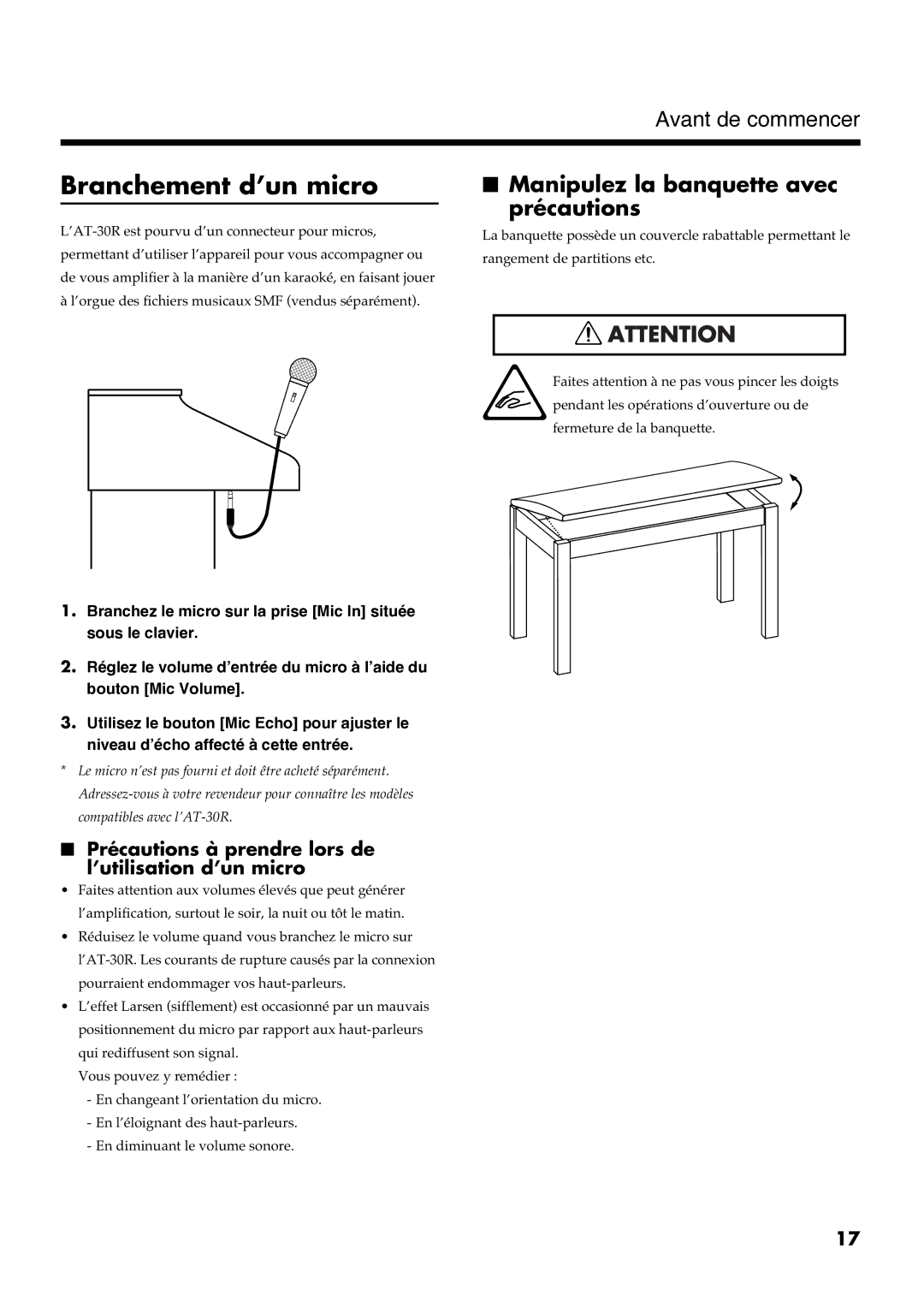 Roland AT30R manual Branchement d’un micro, Manipulez la banquette avec précautions 