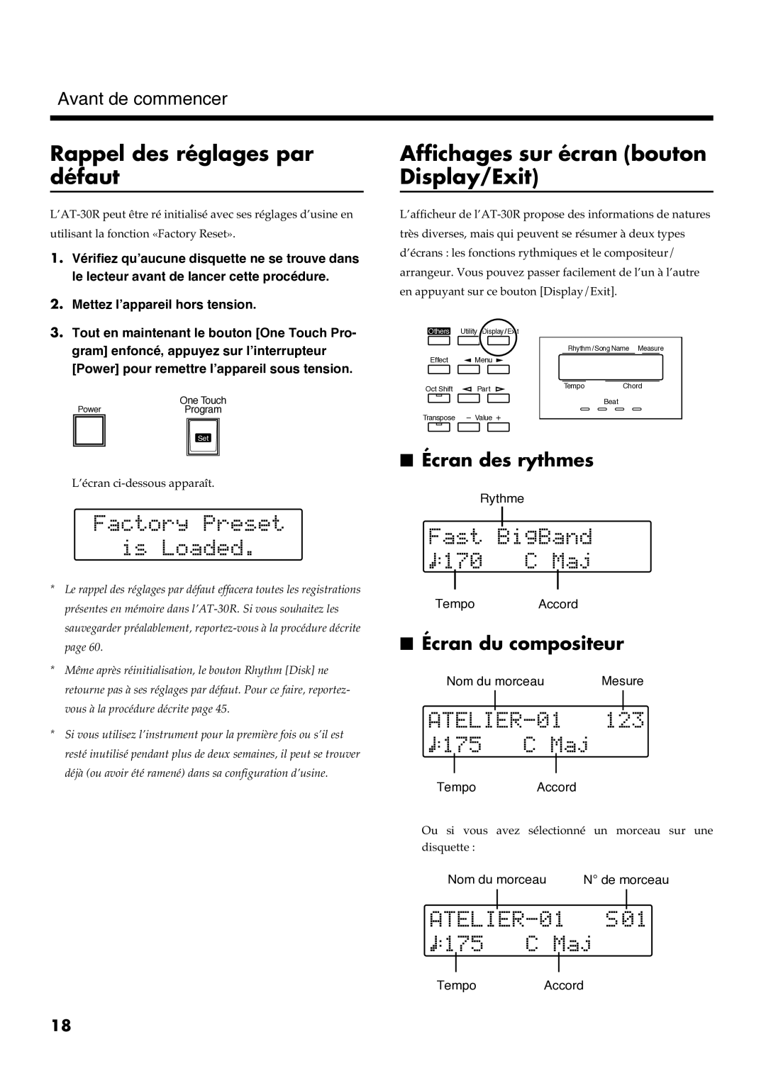 Roland AT30R manual Rappel des réglages par défaut, Affichages sur écran bouton Display/Exit, Écran des rythmes 