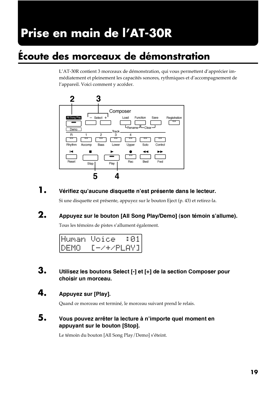 Roland AT30R manual Prise en main de l’AT-30R, Écoute des morceaux de démonstration 