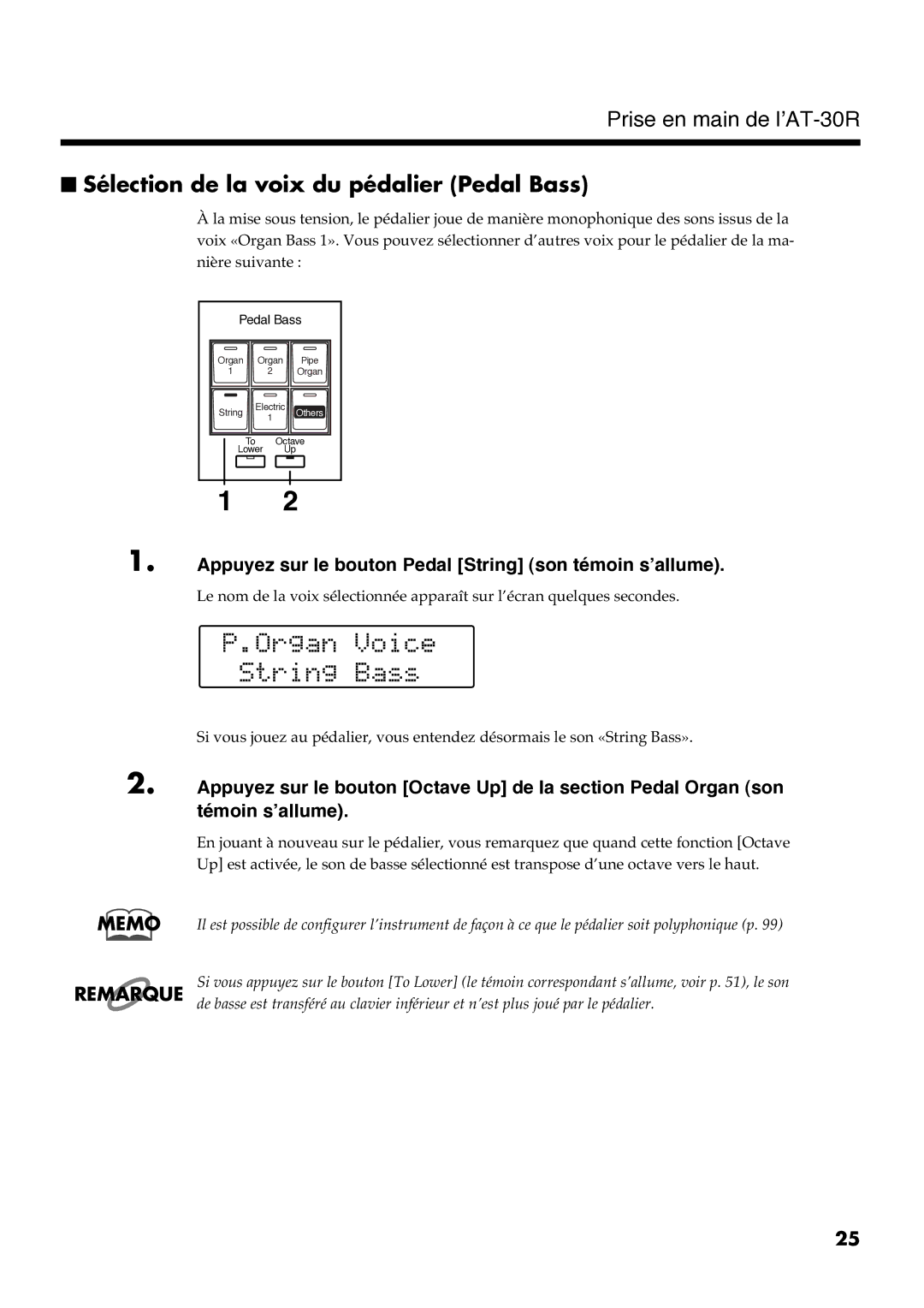 Roland AT30R manual Sélection de la voix du pédalier Pedal Bass, Memo Remarque 