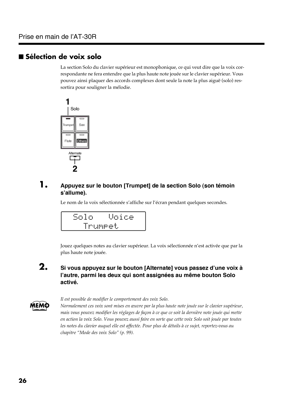 Roland AT30R manual Sélection de voix solo 