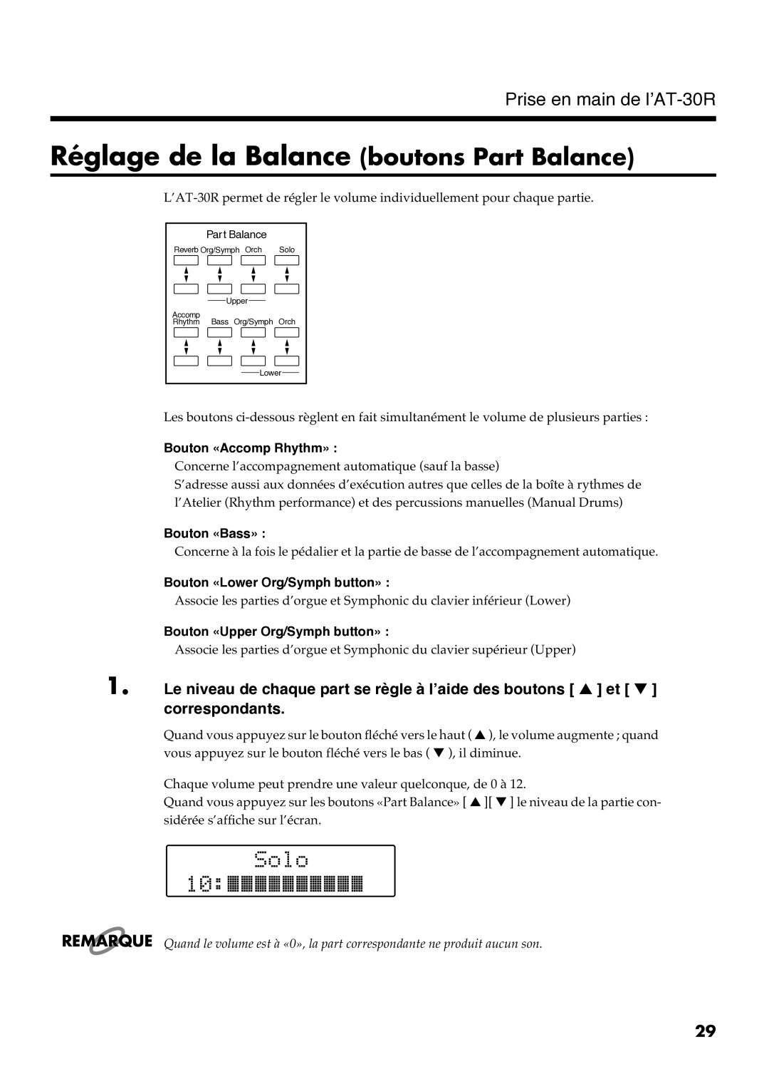 Roland AT30R manual Réglage de la Balance boutons Part Balance 