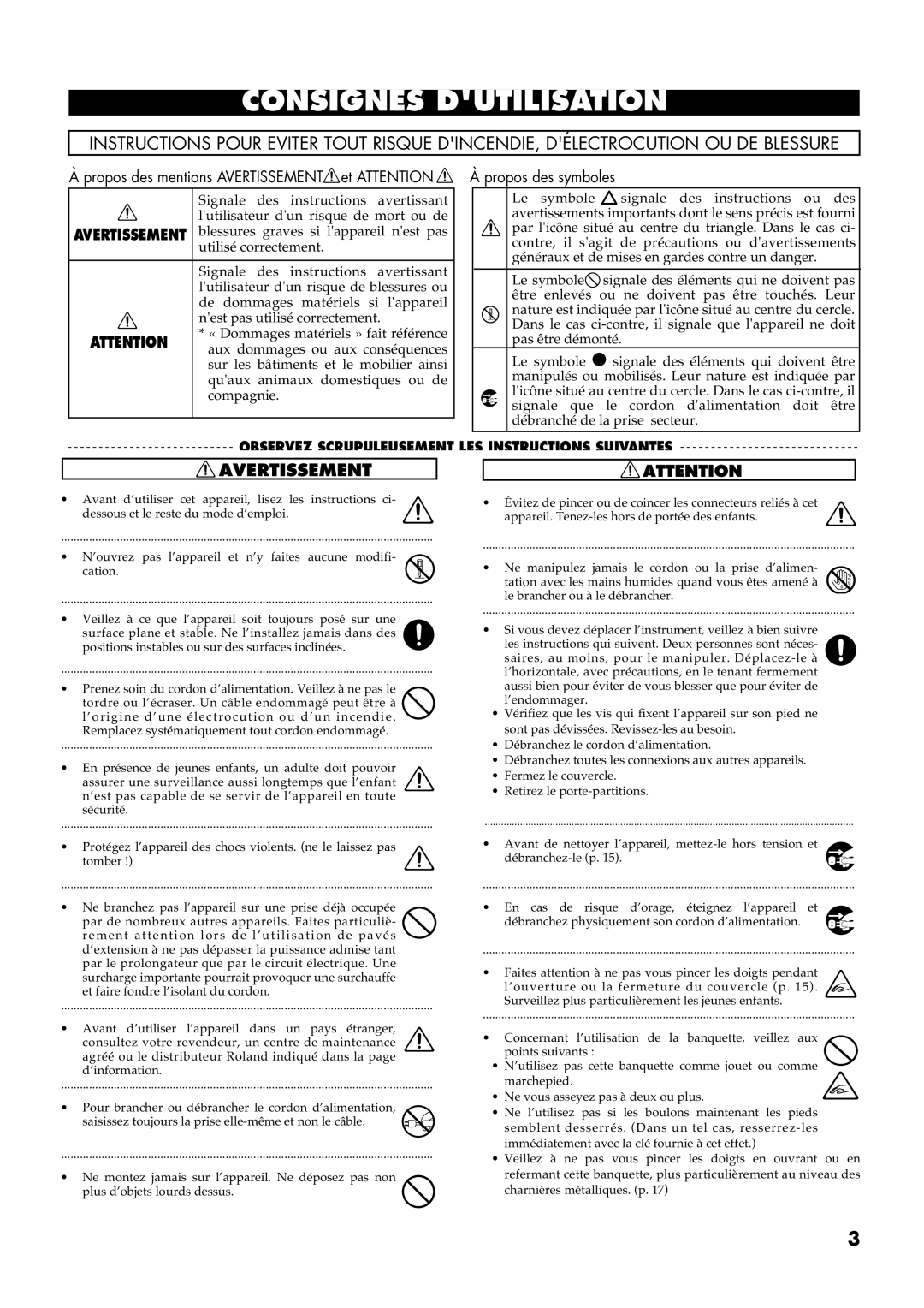 Roland AT30R manual Consignes Dutilisation 