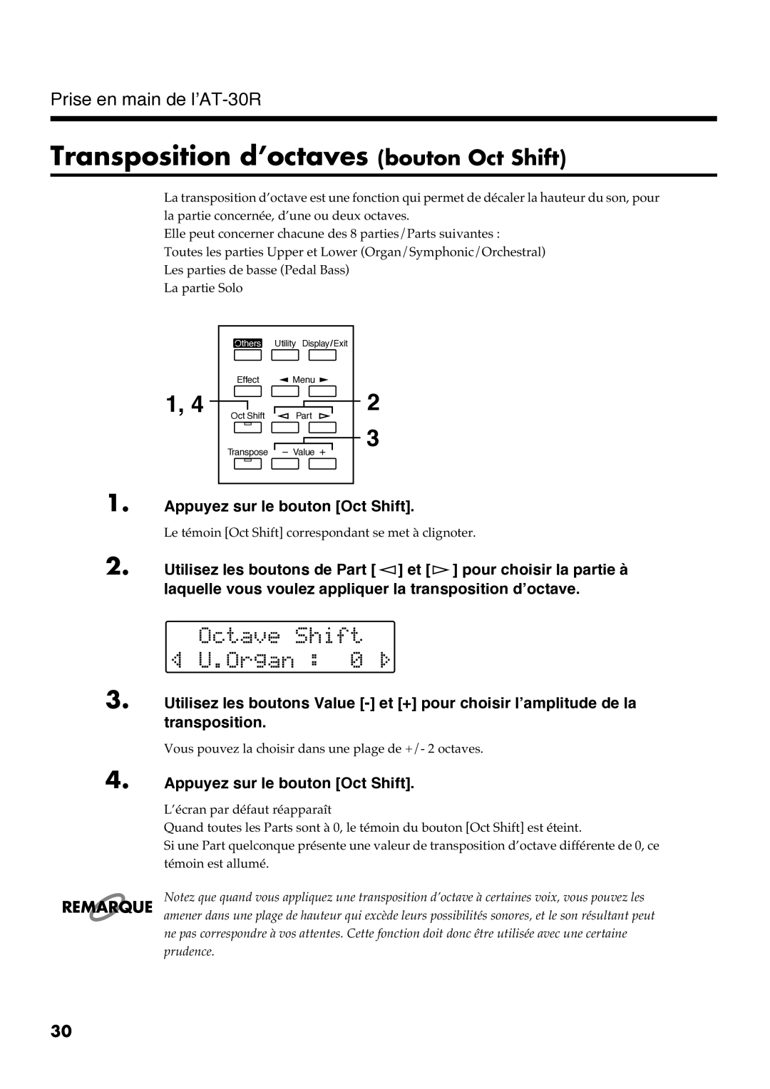 Roland AT30R manual Transposition d’octaves bouton Oct Shift 