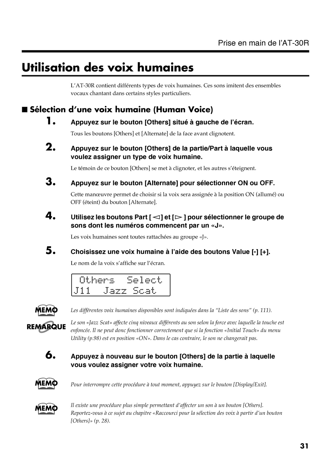 Roland AT30R manual Utilisation des voix humaines, Sélection d’une voix humaine Human Voice 