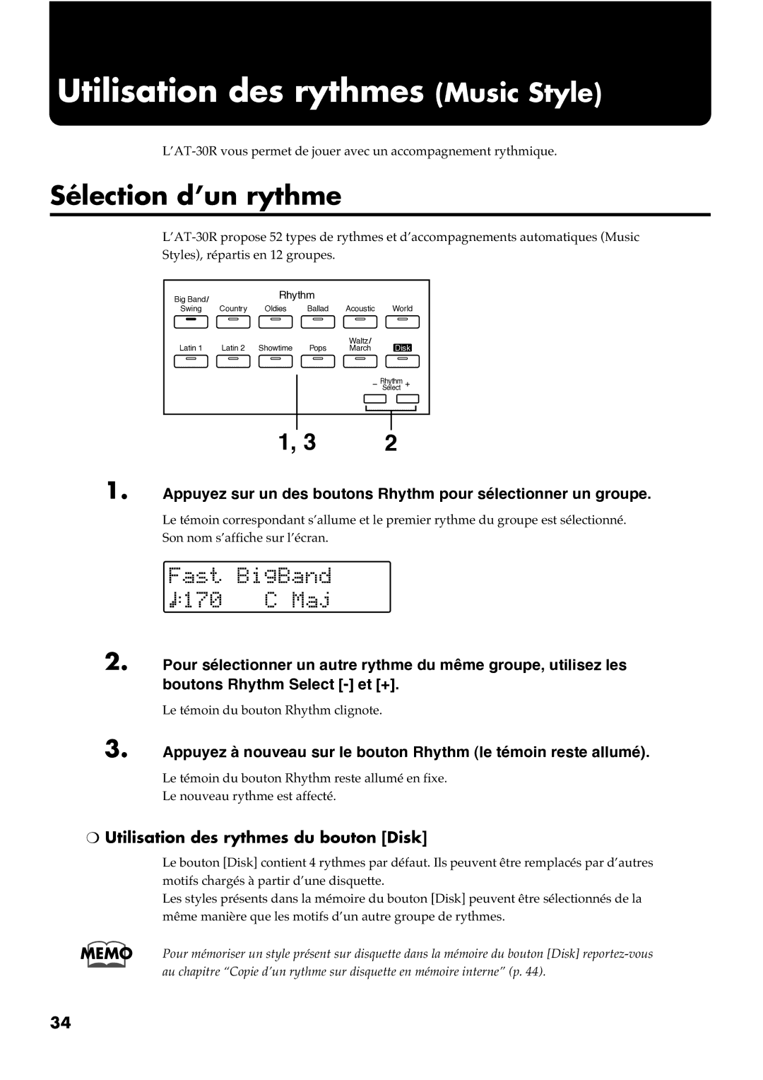 Roland AT30R manual Utilisation des rythmes Music Style, Sélection d’un rythme 