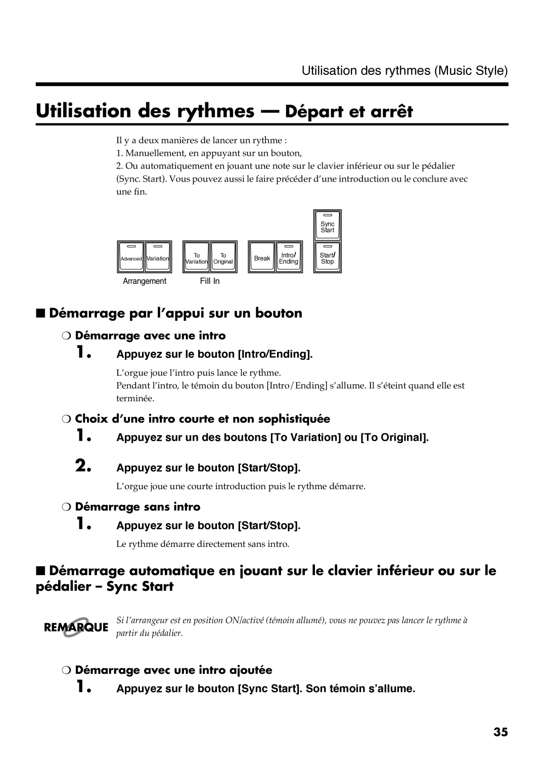 Roland AT30R manual Utilisation des rythmes Départ et arrêt, Démarrage par l’appui sur un bouton 