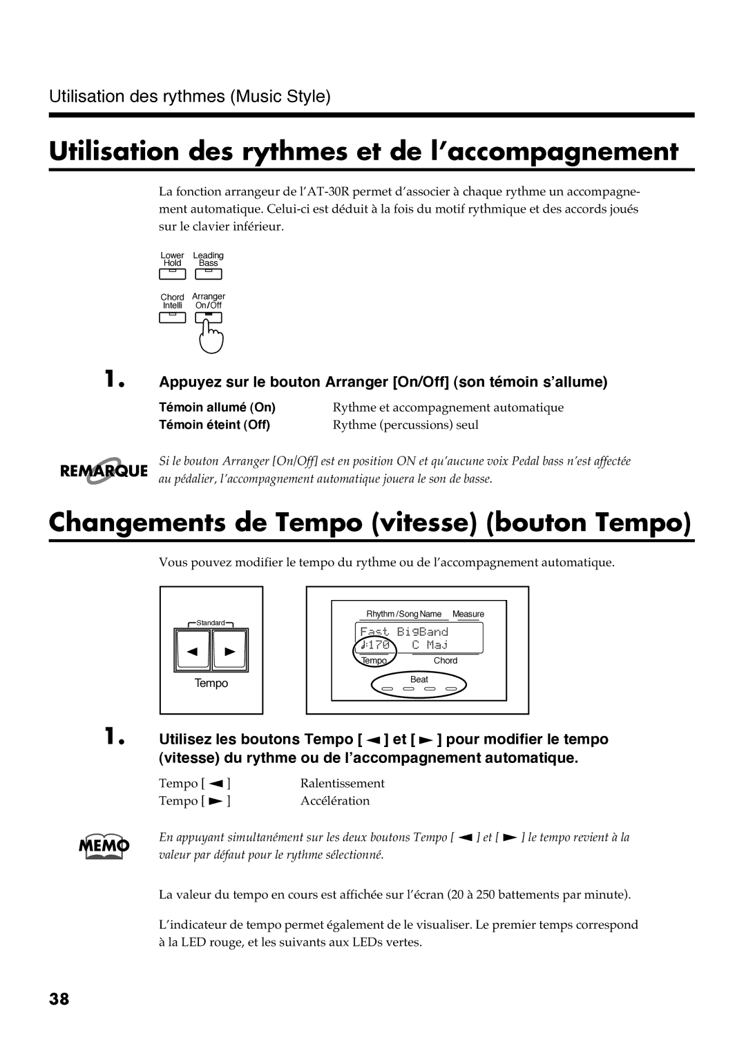 Roland AT30R manual Utilisation des rythmes et de l’accompagnement, Changements de Tempo vitesse bouton Tempo 