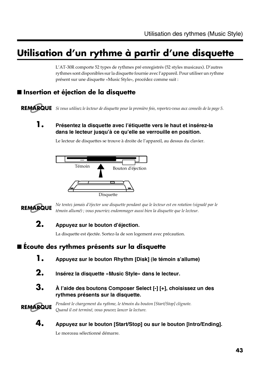 Roland AT30R manual Utilisation d’un rythme à partir d’une disquette, Insertion et éjection de la disquette 