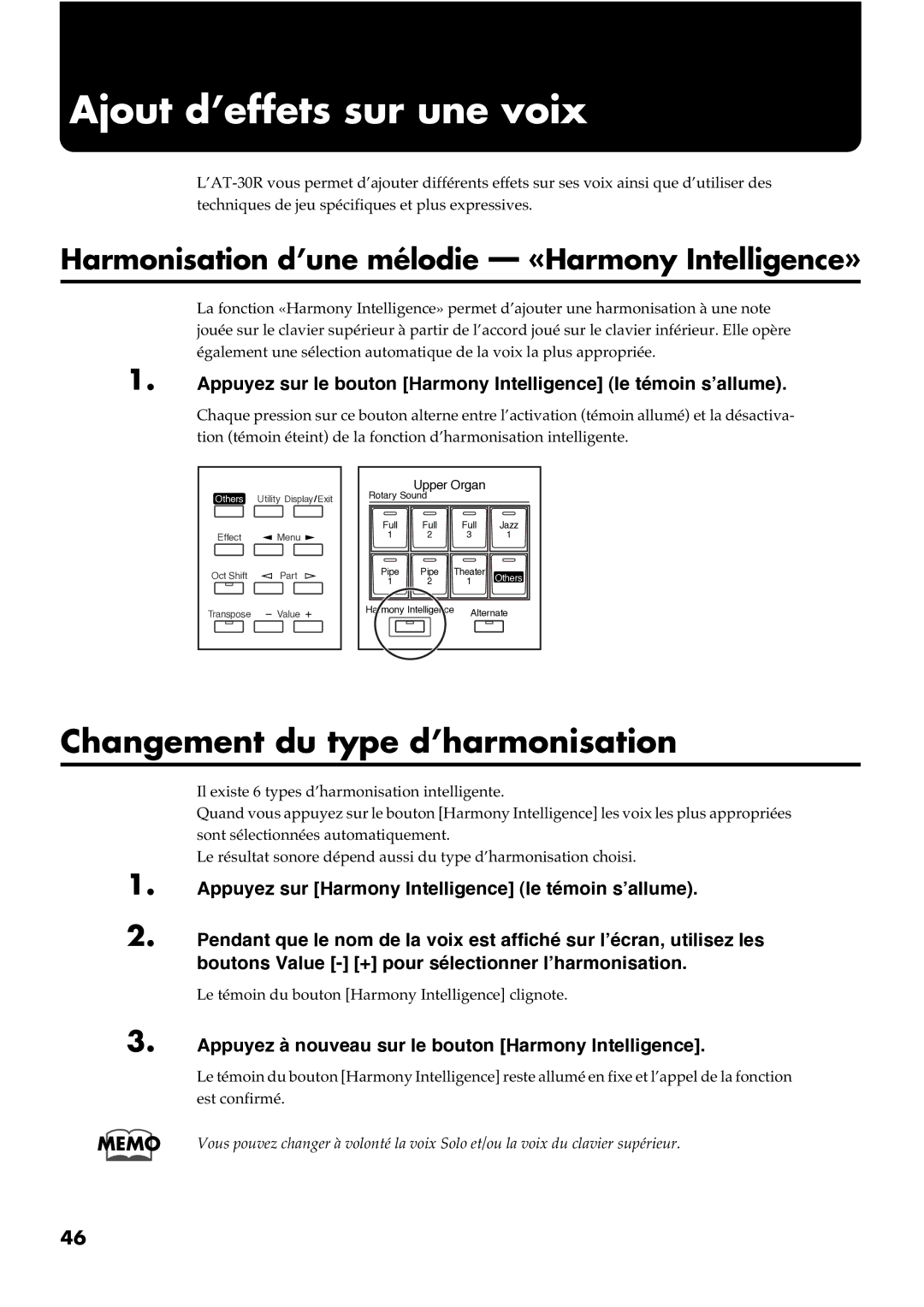 Roland AT30R manual Ajout d’effets sur une voix, Changement du type d’harmonisation 
