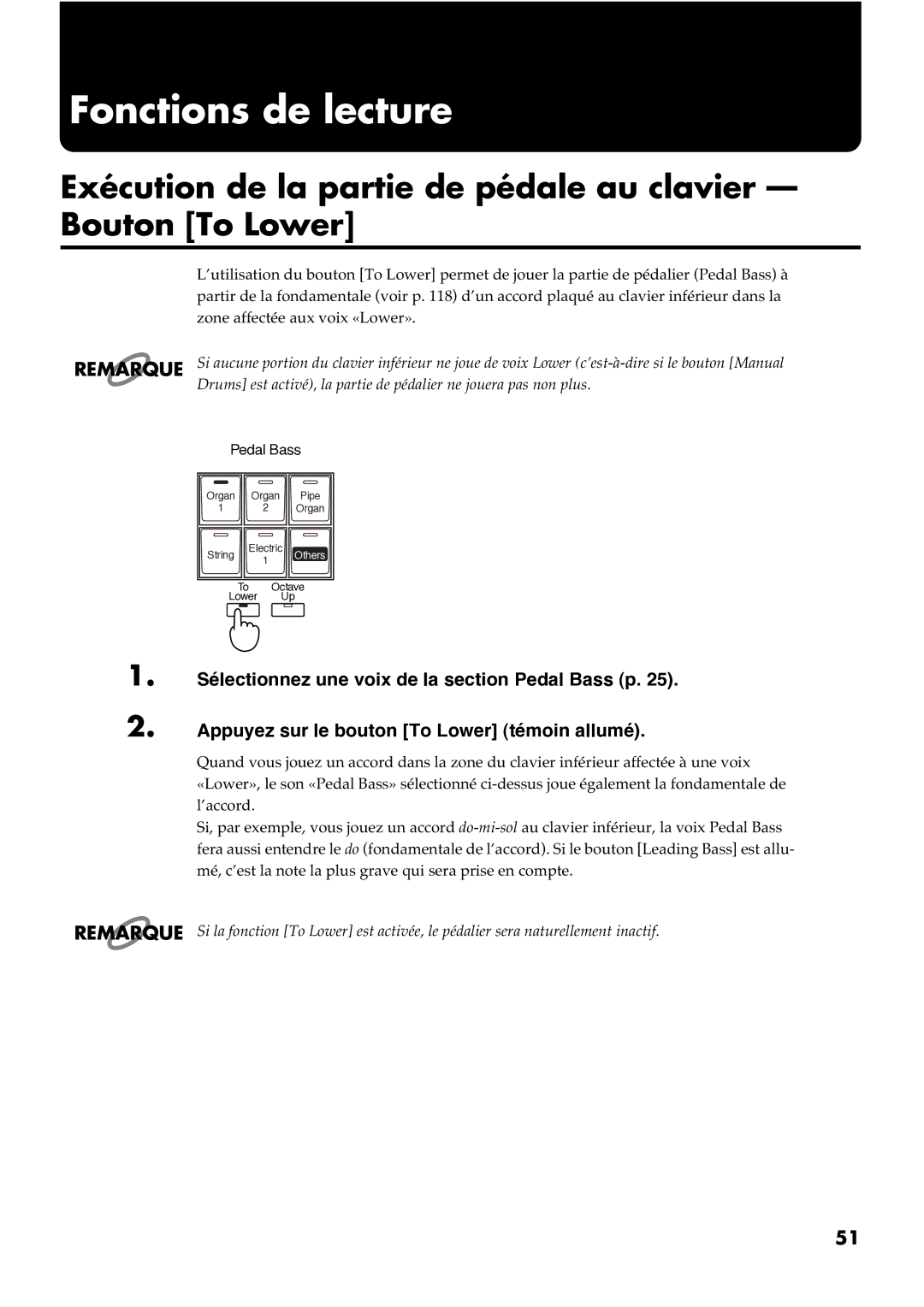 Roland AT30R manual Fonctions de lecture, Exécution de la partie de pédale au clavier Bouton To Lower 