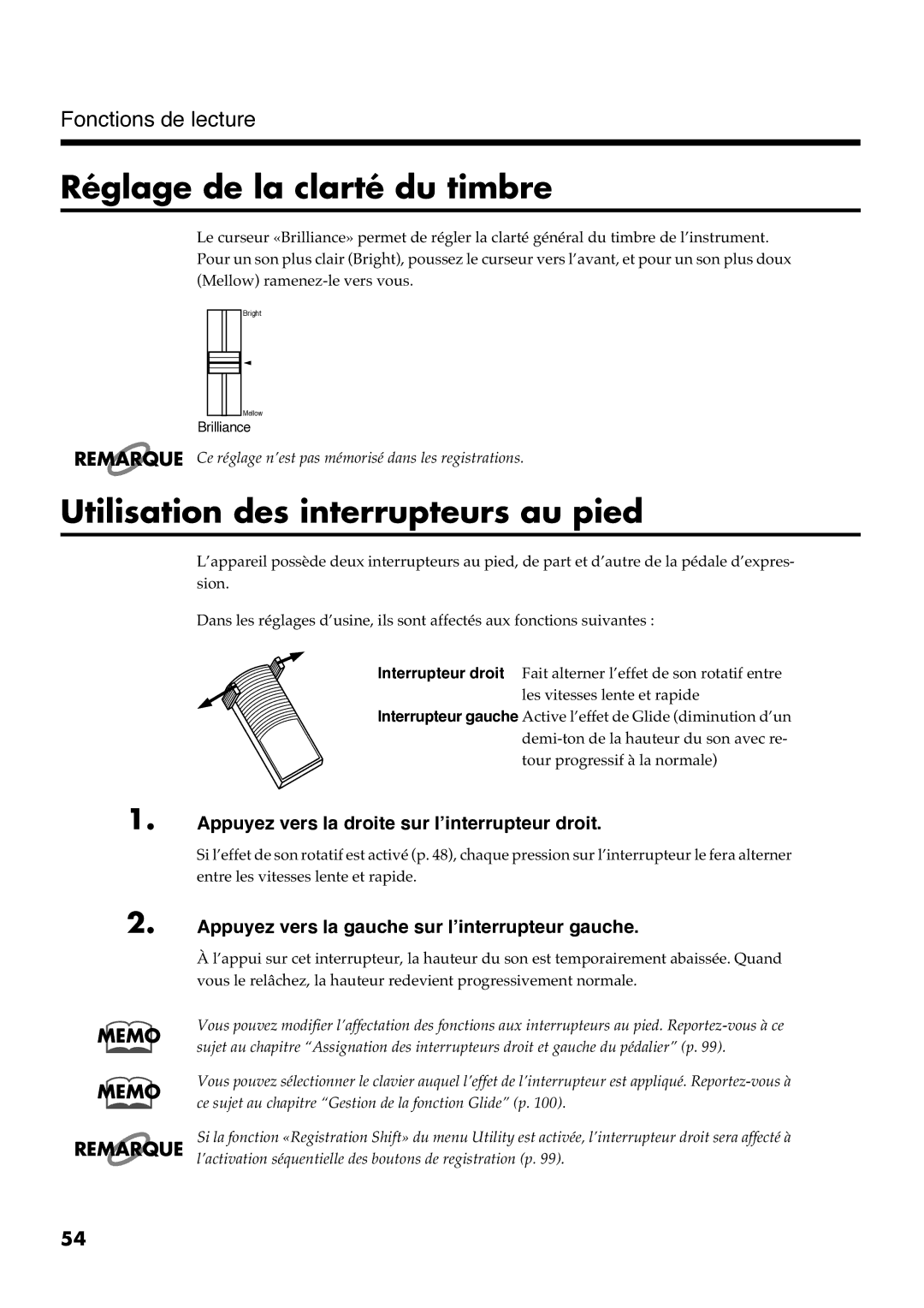 Roland AT30R manual Réglage de la clarté du timbre, Utilisation des interrupteurs au pied 