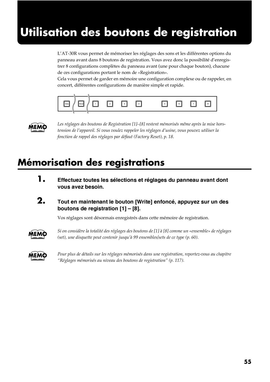 Roland AT30R manual Utilisation des boutons de registration, Mémorisation des registrations 