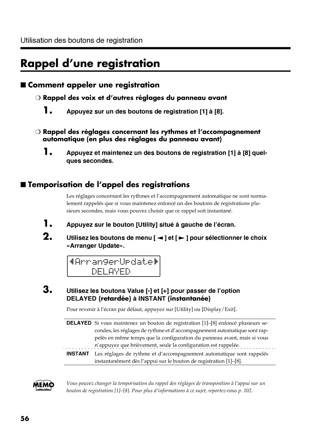 Roland AT30R manual Rappel d’une registration, Comment appeler une registration, Temporisation de l’appel des registrations 