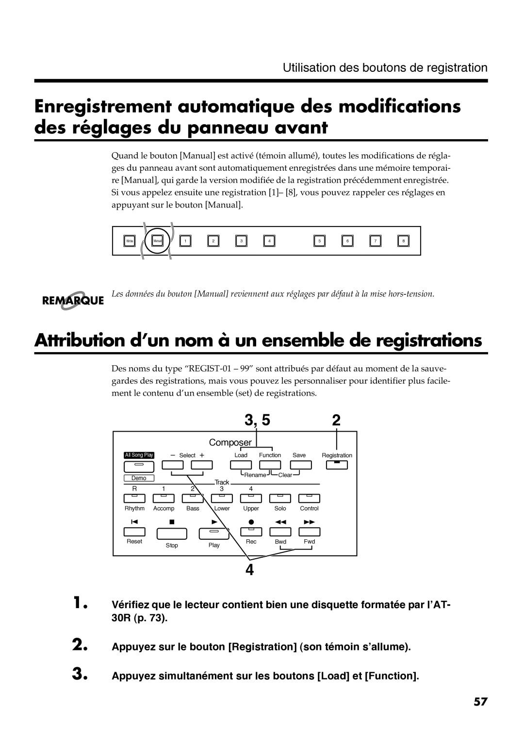 Roland AT30R manual Attribution d’un nom à un ensemble de registrations 