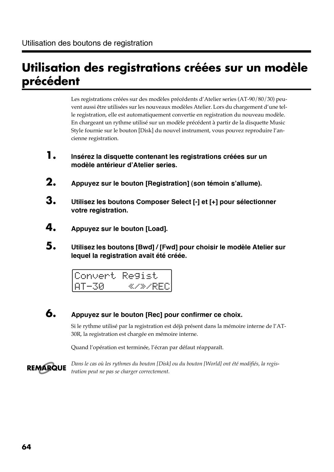 Roland AT30R manual Utilisation des registrations créées sur un modèle précédent 