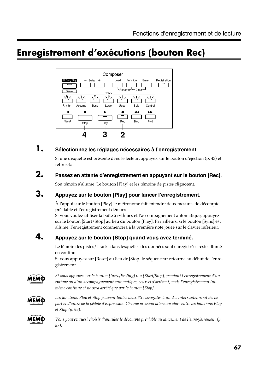 Roland AT30R manual Enregistrement d’exécutions bouton Rec 